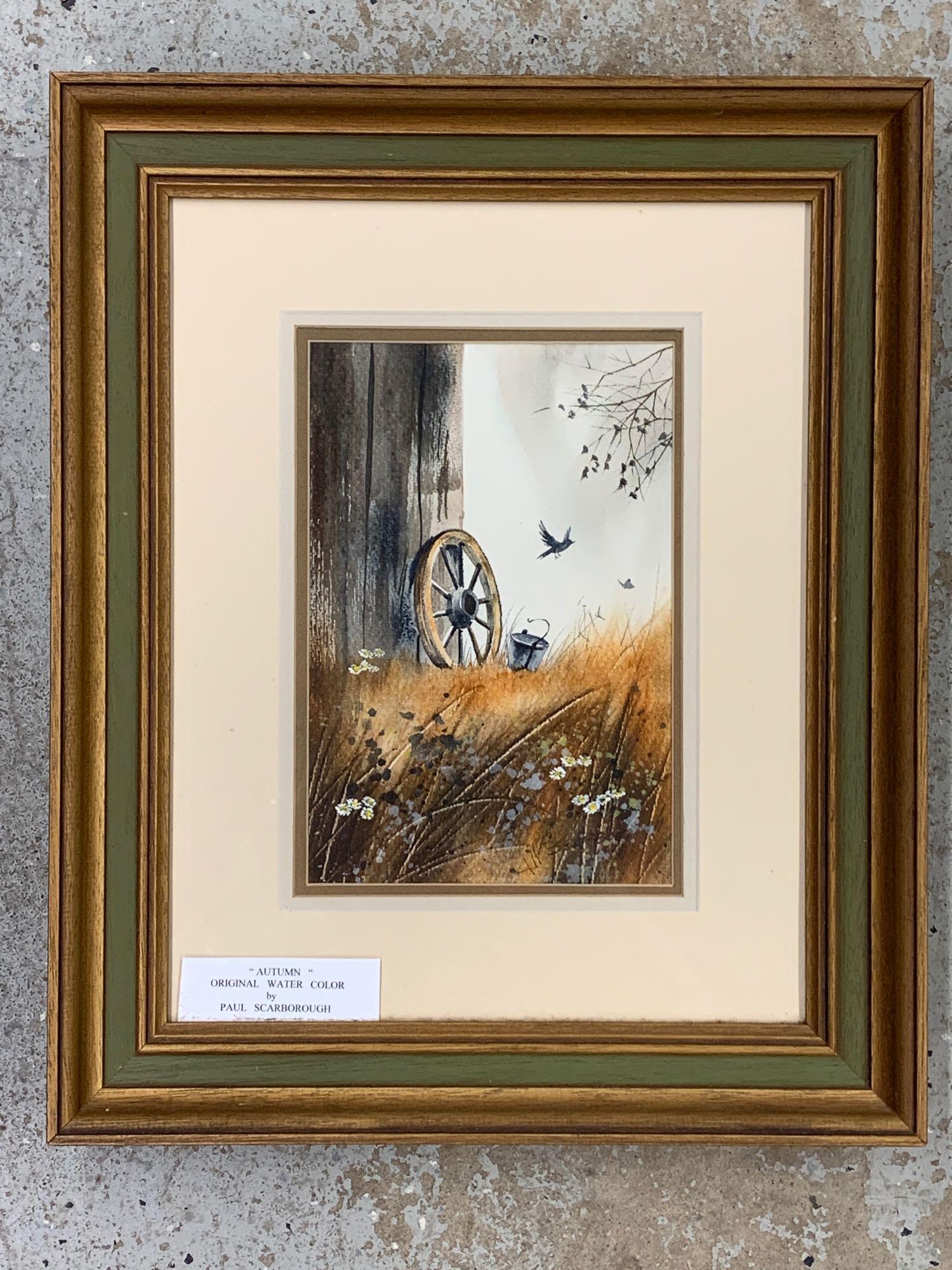 Paul Scarborough. Watercolor, Autumn: Paul Scarborough (Pennsylvania, 20th Century). A watercolor on paper autumn landscape with wagon wheel. Signed lower right, and framed and matted under glass. Mat opening: 9in x 6in.