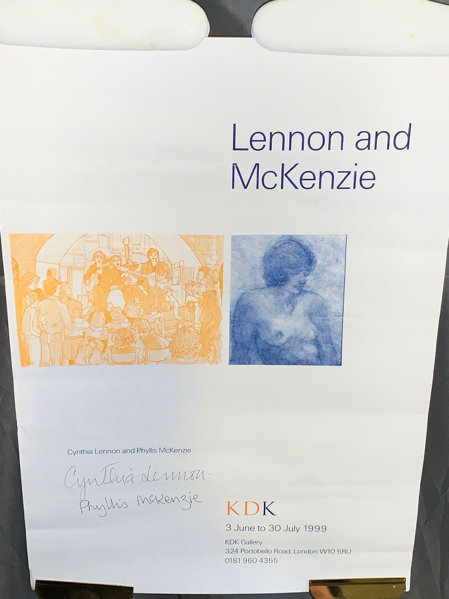 Signed Art Exhibition Poster Cynthia Lennon: KDK Gallery, London, art exhibition poster for both Cynthia Lennon and Phyllis McKenzie in 1999. Both artists have signed the poster. Cynthia Lennon was the ex-wife of John Lennon. 16.5in x 11.5in.