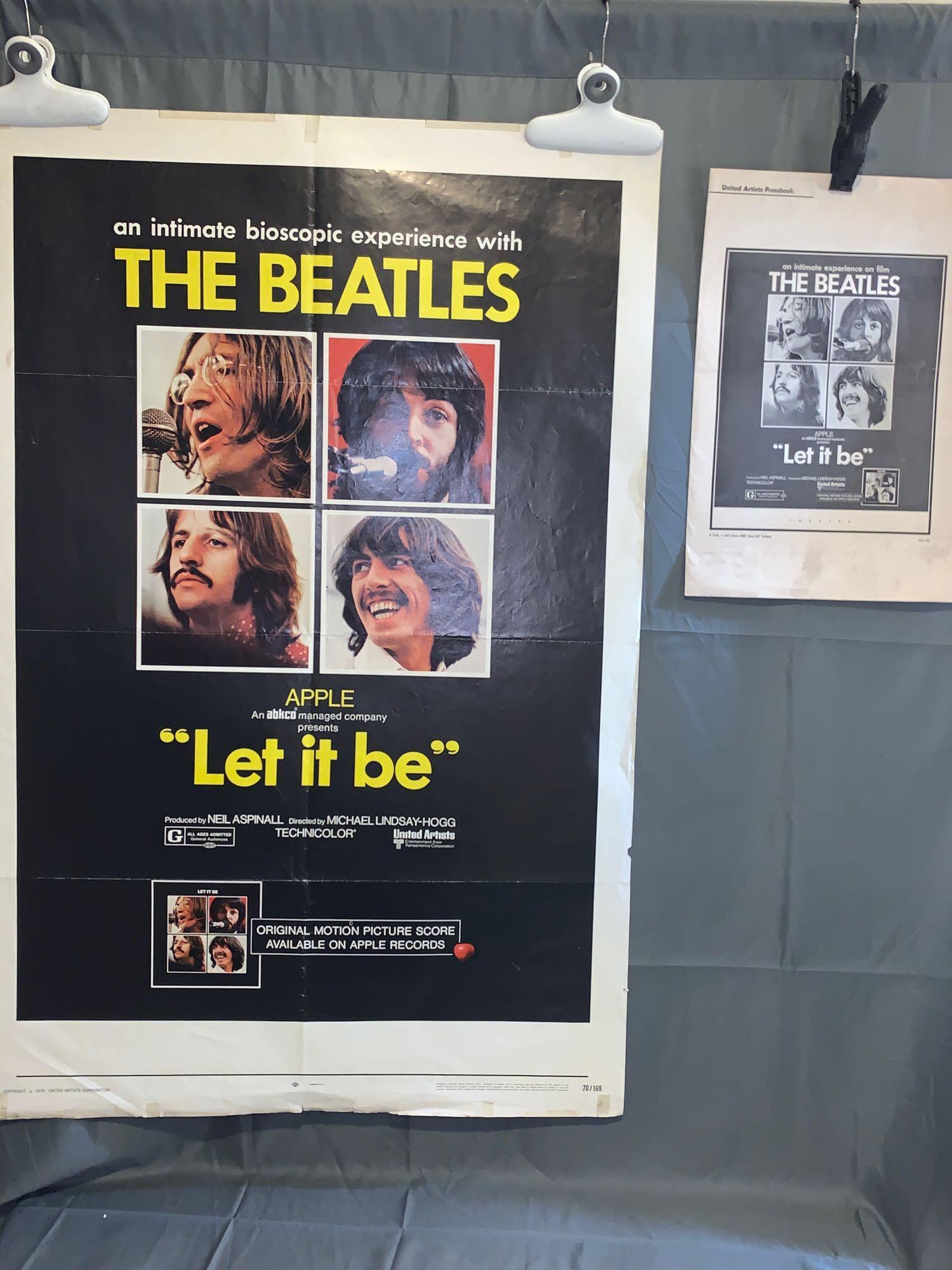 Beatles Let It Be Movie Poster & Pressbook: Original Beatles "Let It Be" movie poster dated 1970 (41in x 27in, has been folded, minor tears, creasing, tape residue and pin holes, overall good condition); and an original pressbook for "Let It Be