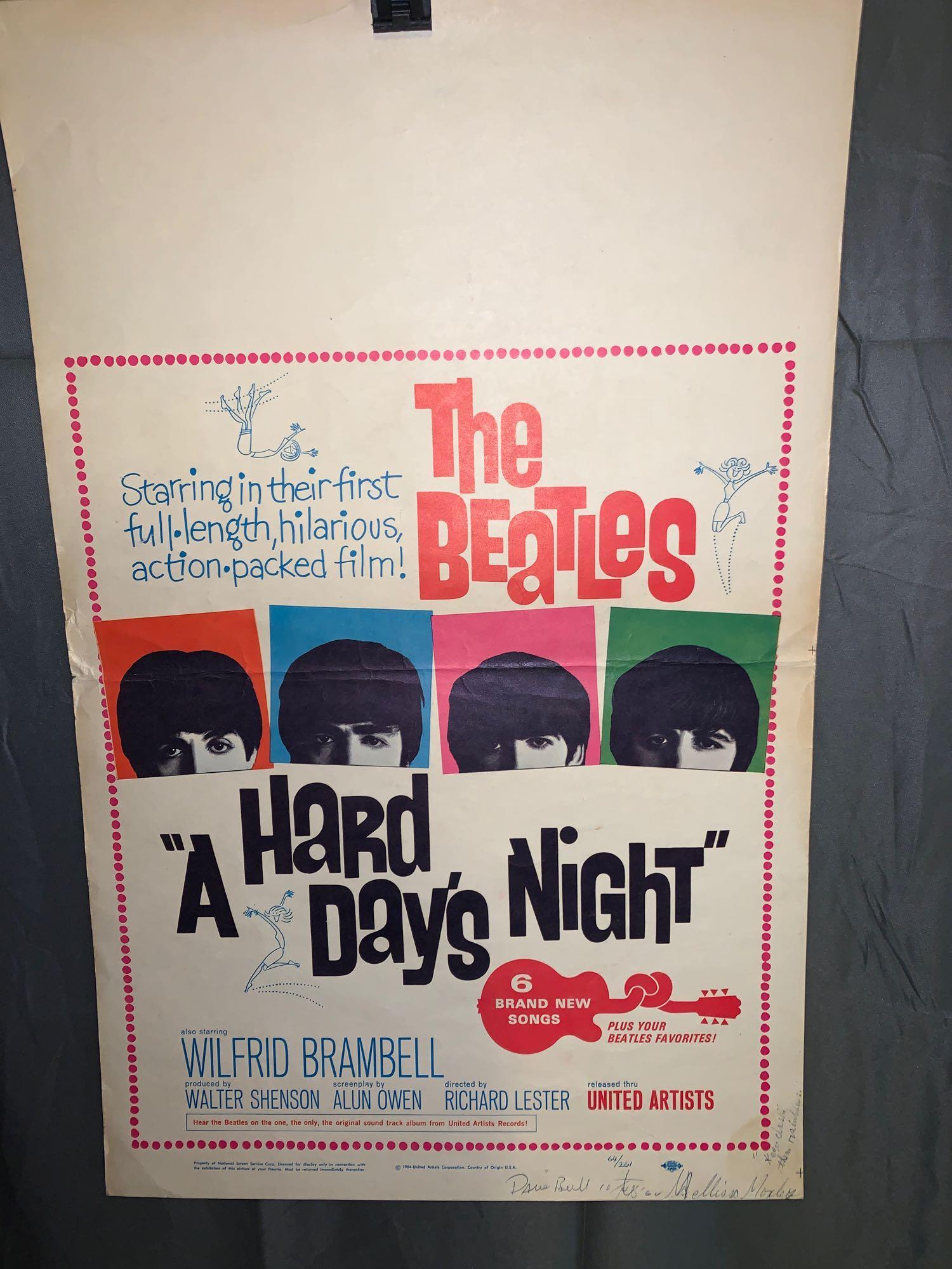 Original 1964 Beatles A Hard Day's Night Poster: Original 1964 Beatles "A Hard Day's Night" movie poster, 22in x 14in.