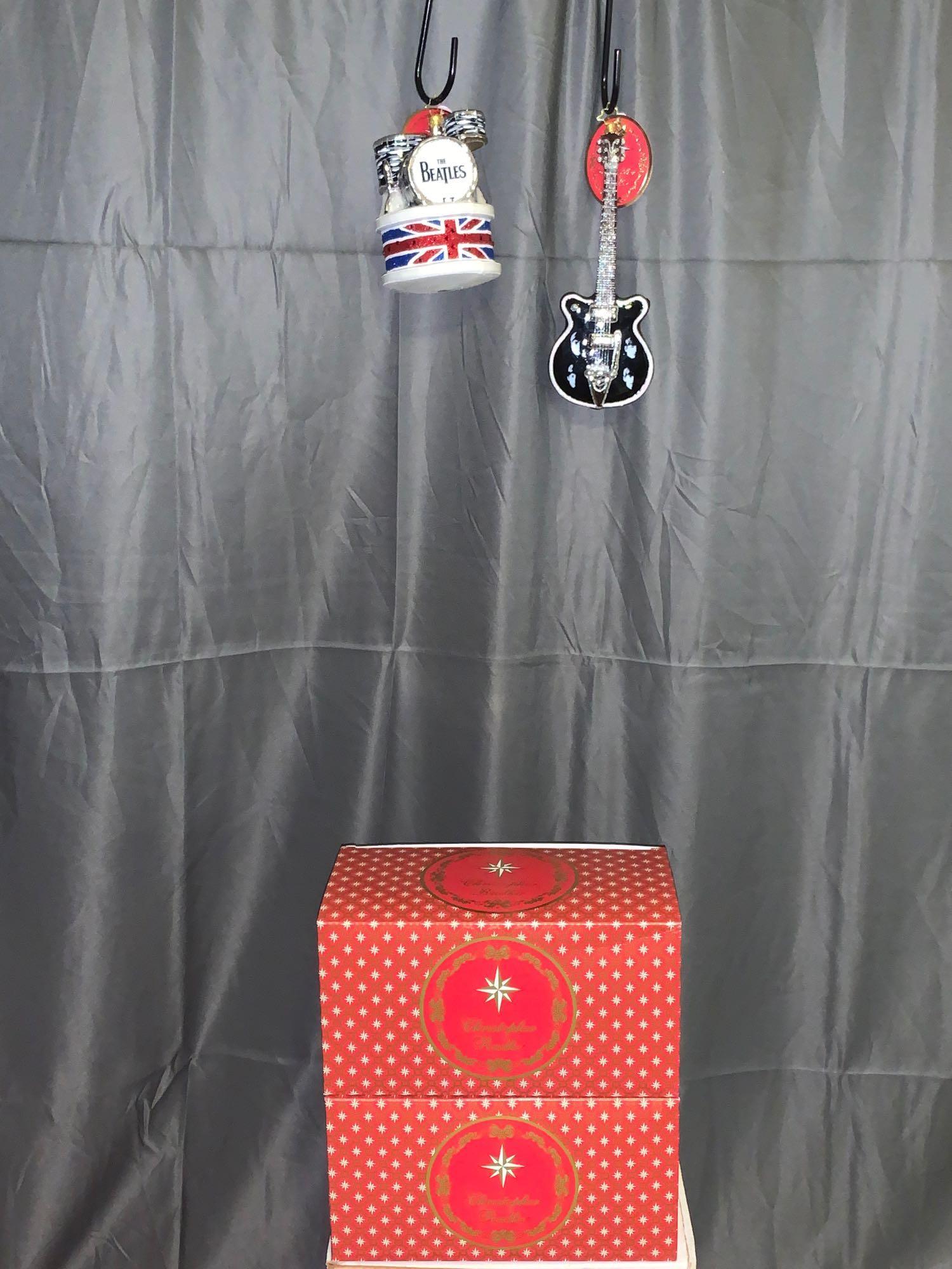 Two Christopher-Radko Beatles Ornaments: Two new Christopher-Radko Beatles ornaments including the Beatles drum kit and the Beatles guitar.