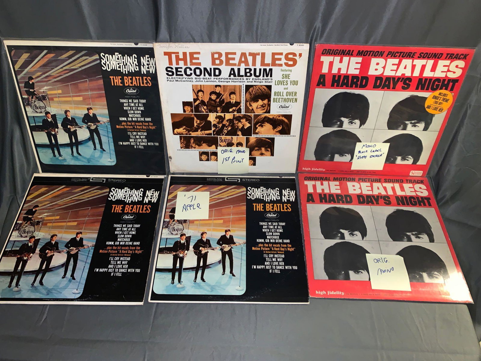 Six Early Beatles 33rpm Records: A lot of six early Beatles 33rpm records including "The Beatles Second Album" First Pressing East Coast Mono (VG/VG), two copies of "A Hard Days Night" both mono (both grade VG/VG-) and three copies o