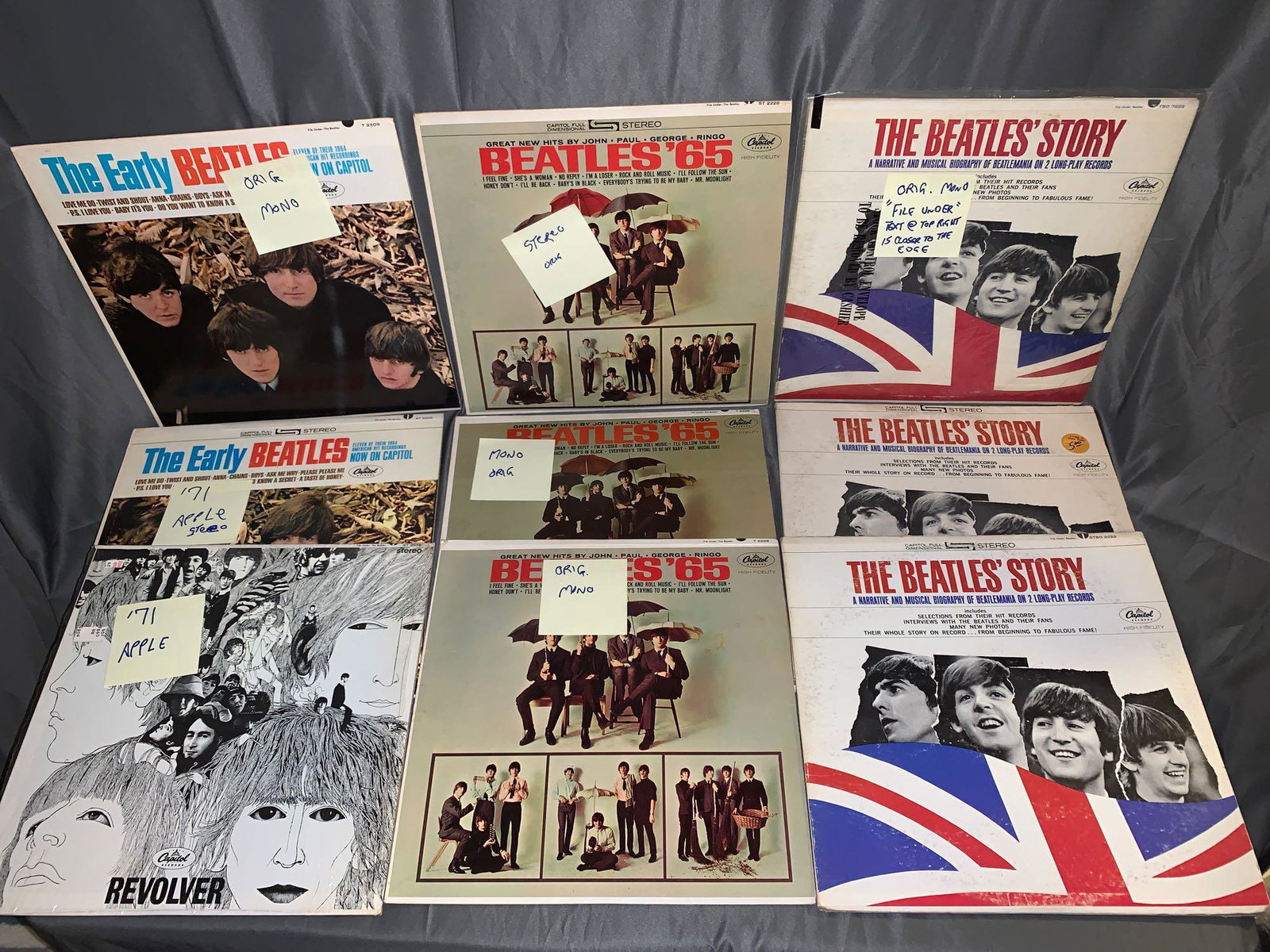 Nine Early Beatles 33rpm Records: A lot of nine early Beatles 33rpm records, including three copies of "The Beatles Story" one mono (VG+/VG+) and two stereo pressings (both VG-/VG), three copies of "Beatles '65" one stereo (VG+/VG+) a