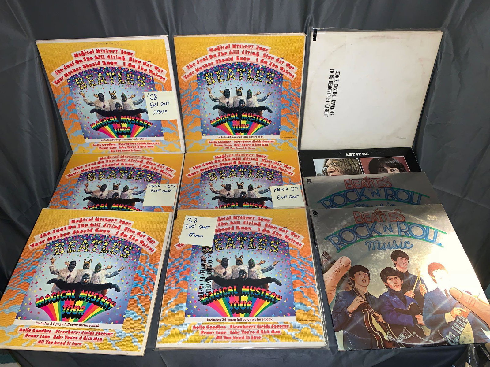 Ten Beatles 33rpm Records: A lot of ten Beatles 33rpm records including six "Magical Mystery Tour" four stereo (ranging from VG-/VG to VG+/VG+) and two mono (both VG/VG+), one "White Album" (VG+/VG with all inserts), one "Let I