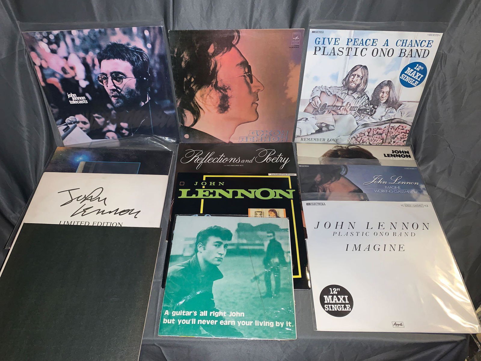 12 John Lennon Non-U.S. 33rpm Records: A lot of 12 John Lennon non-U.S. 33rpm records, including "Give Peace a Chance" 12in single (VG+/VG+), "The John Lennon Collection" (VG+/VG+), two different copies of "Imagine" 12in single (both VG+/V