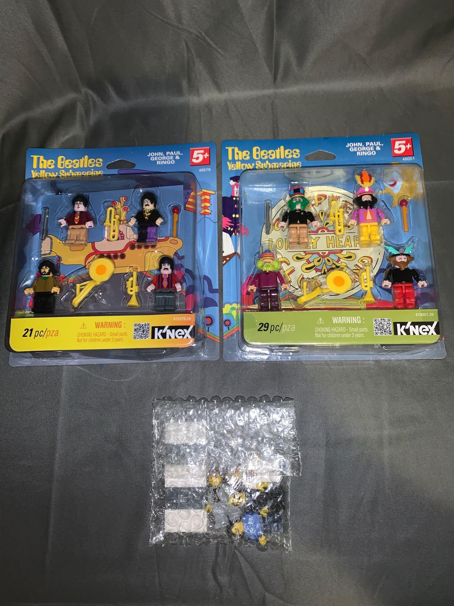 Beatles LEGO and K'NEX Grouping: A Beatles LEGO and K'NEX Grouping Including K'NEX Yellow Submarine figures, Sgt Peppers figures both new in package, and LEGO Abbey Road.
