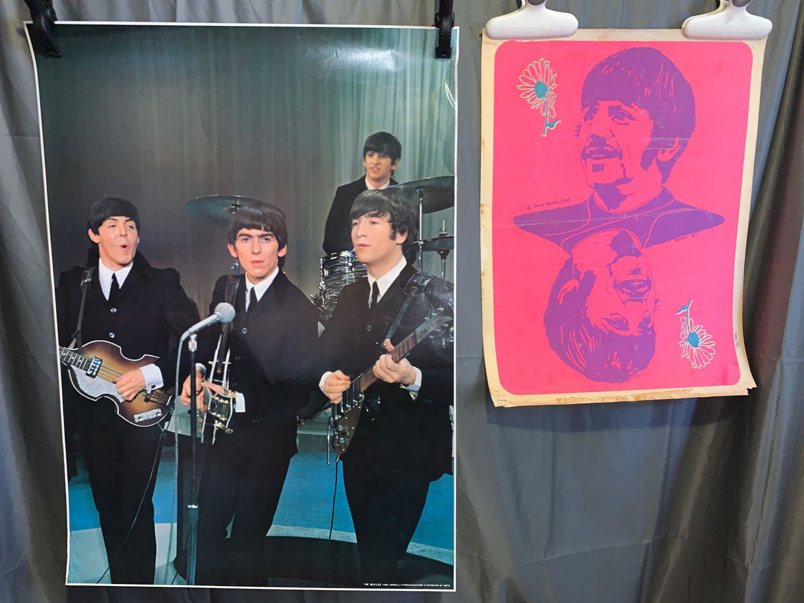 Two Posters: Beatles and Ringo Starr: A lot of two posters, to include a vintage 1972 Beatles poster of the band on stage (34in x 24in, with some creasing, never folded); and a 1967 Steve Sachs black light poster of Ringo Starr (23in x 17