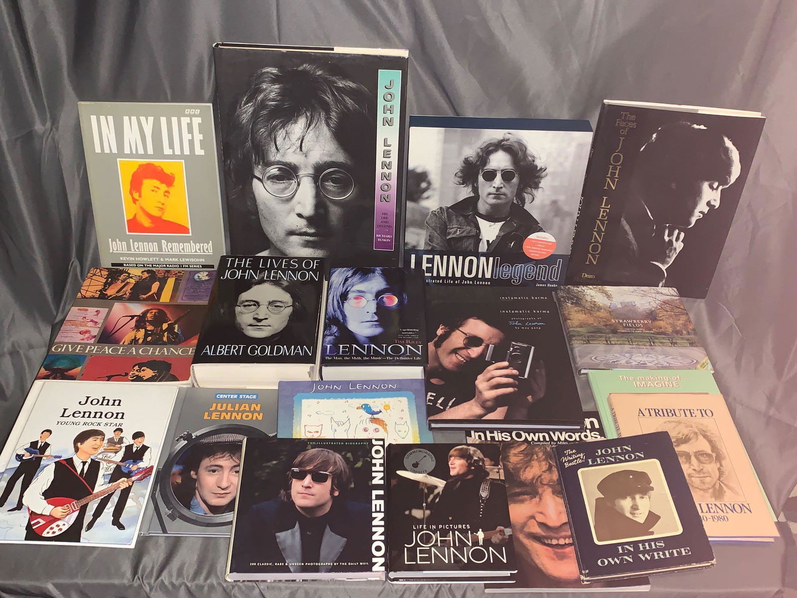 19 Books About John Lennon: A lot of 19 books about John Lennon including "Lennon Legend" that includes facsimile archives and "The Making of Imagine" signed by the author Azing Moltmaker.