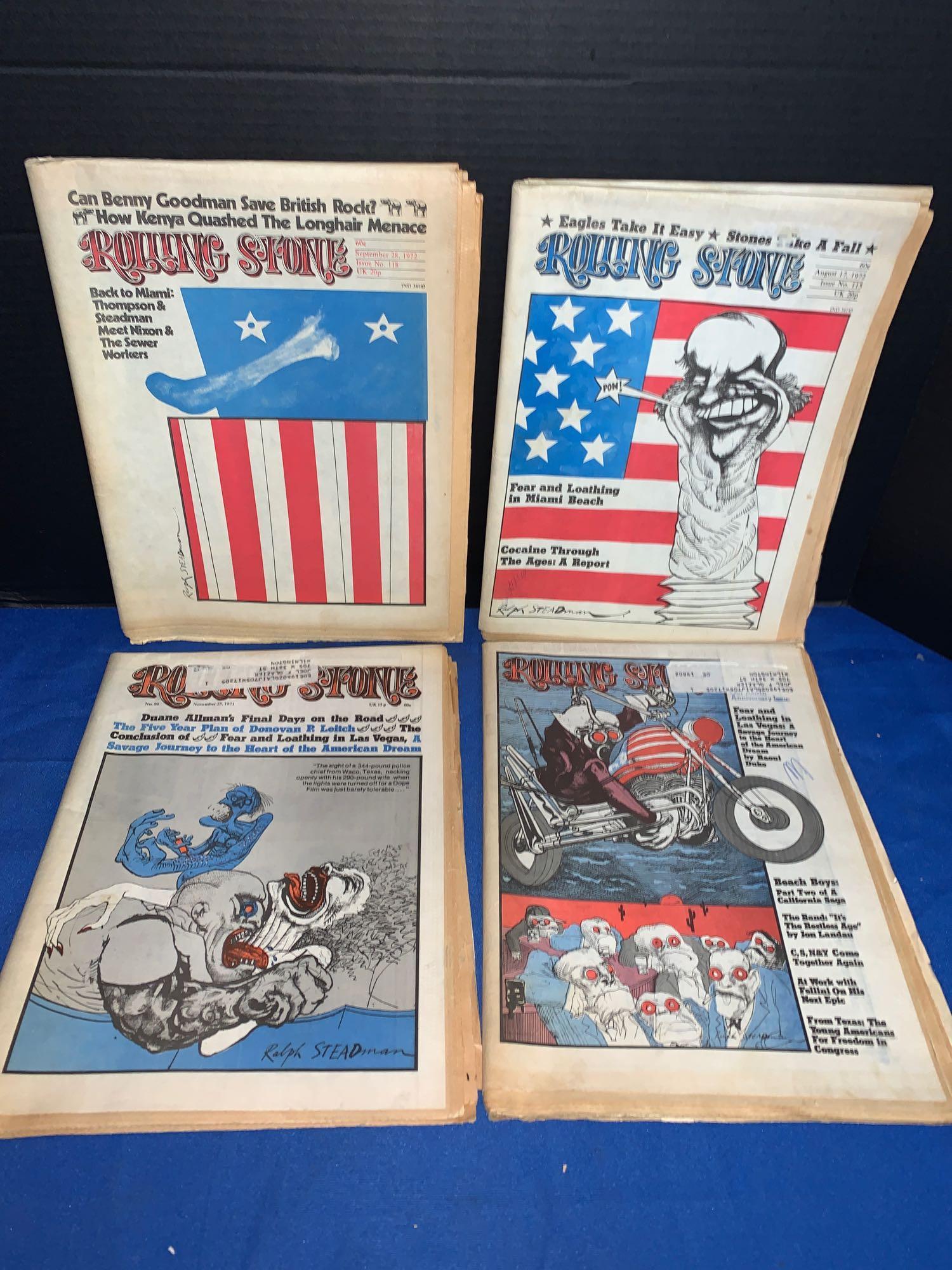 Four Rolling Stone Magazines, Steadman Covers: A lot of four vintage Rolling Stone magazines, issues numbered 95, 96, 115, and 118 dated November 11, 1971, November 25, 1971, August 17, 1972 and September 28, 1972 respectively. Cover artwork done