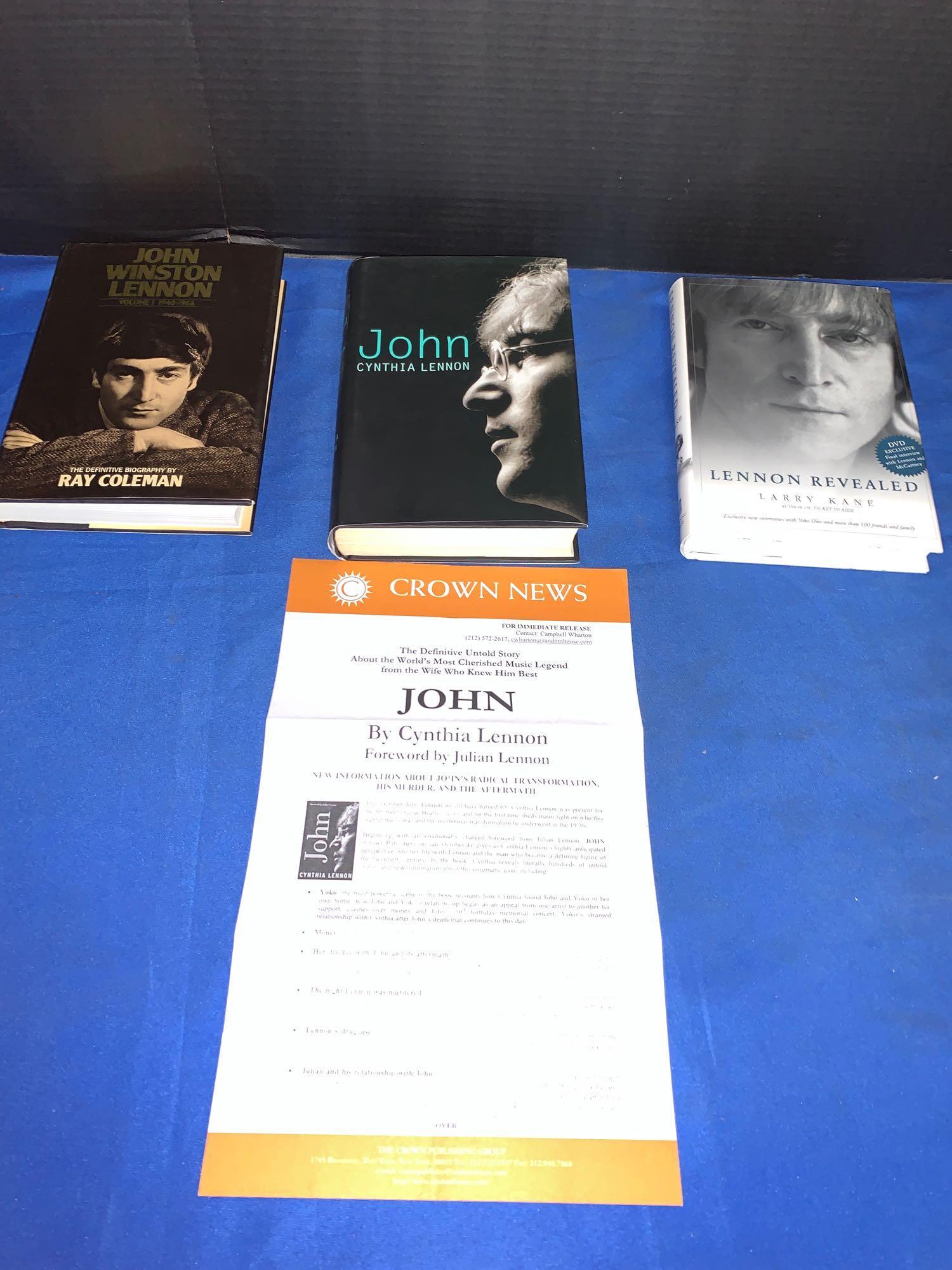 Three Signed John Lennon Books: A lot of three John Lennon books signed by the authors, including "John Winston Lennon" by Ray Coleman, "John" by Cynthia Lennon (includes press release) and "Lennon Revealed" by Larry Kane.