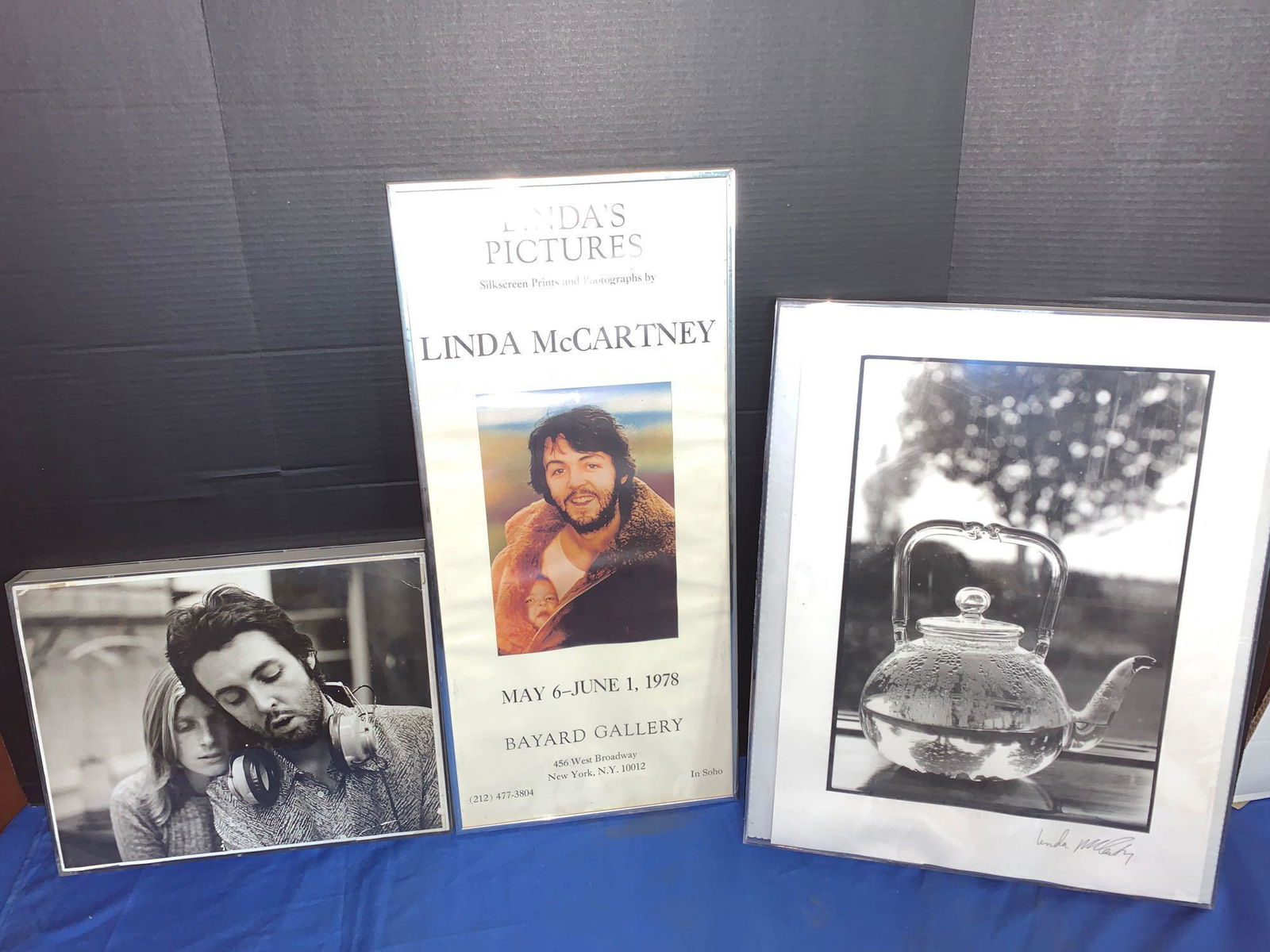 Three Linda McCartney Pictures, One Signed: A lot of three Linda McCartney pictures, one is a signed photographic print of a teapot, one is an exhibition poster for her photography and one is a photograph of Linda and Paul McCartney, photo does