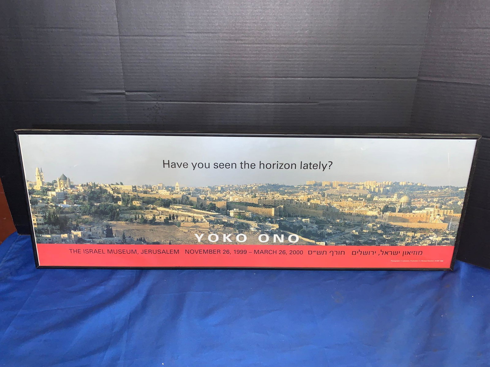 Yoko Ono Art Exhibition Poster, Jerusalem 1999: A Yoko Ono art exhibition poster "Jerusalem 1999", with photo by Y. Lehmann. 36in x 12in.