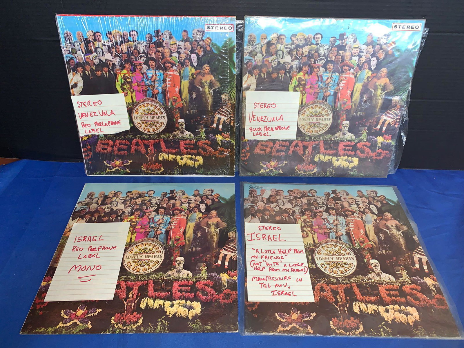 Four Beatles Sgt. Pepper's Albums Non-U.S.: A lot of four Beatles "Sgt. Pepper's" albums: two from Argentina, two from Israel. The Argentine pressings are stereo pressings in "repurposed" mono covers with stereo stickers on the cover. The Israe