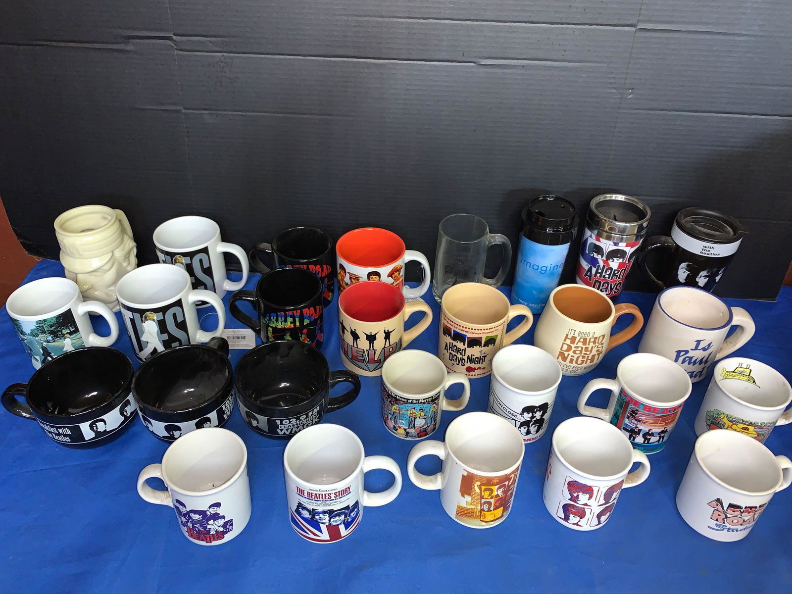 26 Beatles Mugs & Insulated Cups: A lot of 26 Beatles coffee mugs and insulated cups, some still with original tags.