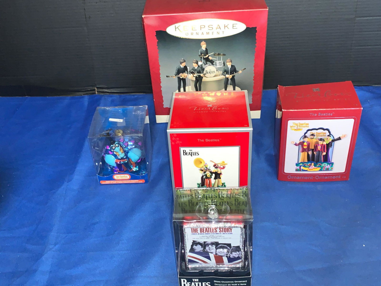 Five Beatles Ornaments: A grouping of five Beatles ornaments including Kurt Adler, a Hallmark set, and Heirloom.