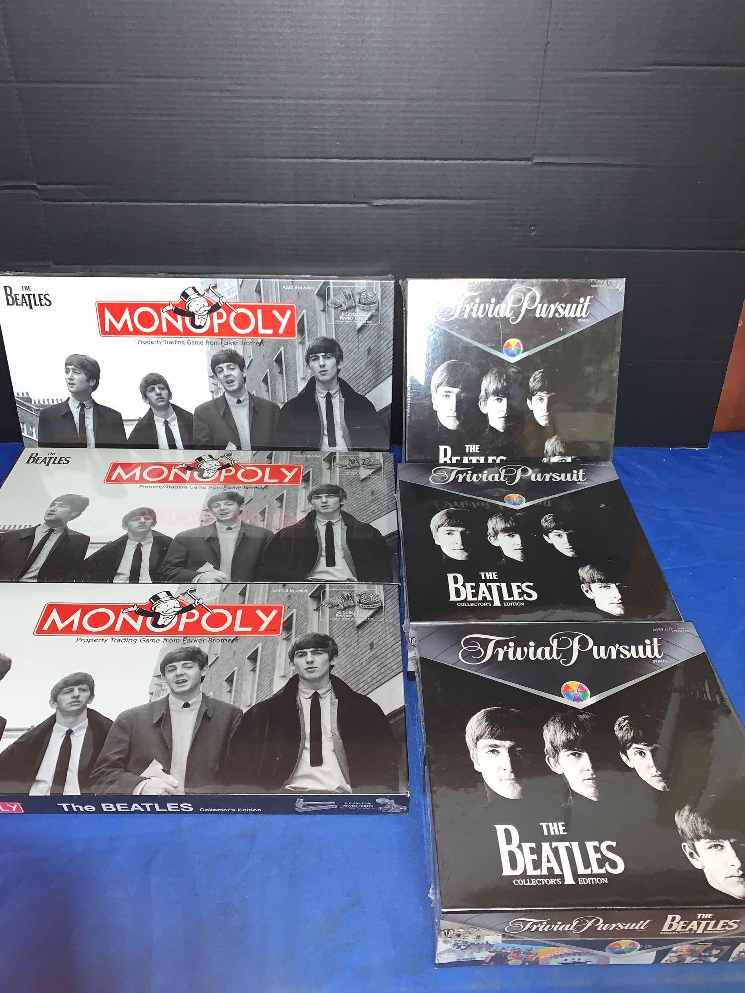 Six New, Sealed Beatles Games: A lot of six new Beatles games Including three Beatles Monopoly and three Beatles Trivial Pursuit. All sealed, never opened.