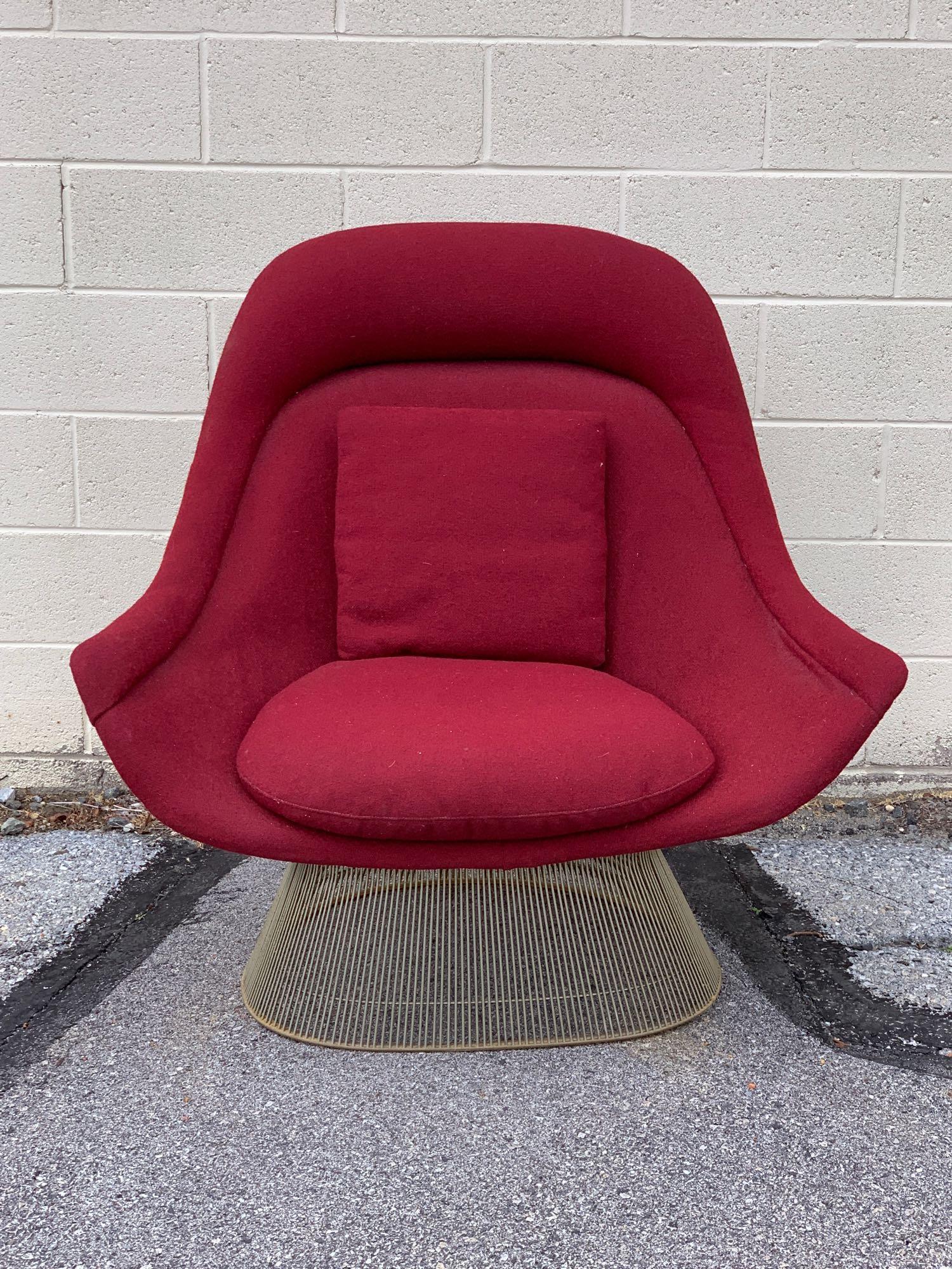 Warren Platner for Knoll Lounge Chair: A Warren Platner for Knoll high-back lounge chair having a steel rod frame and red upholstery. 39in tall x 42in wide x 35in deep.