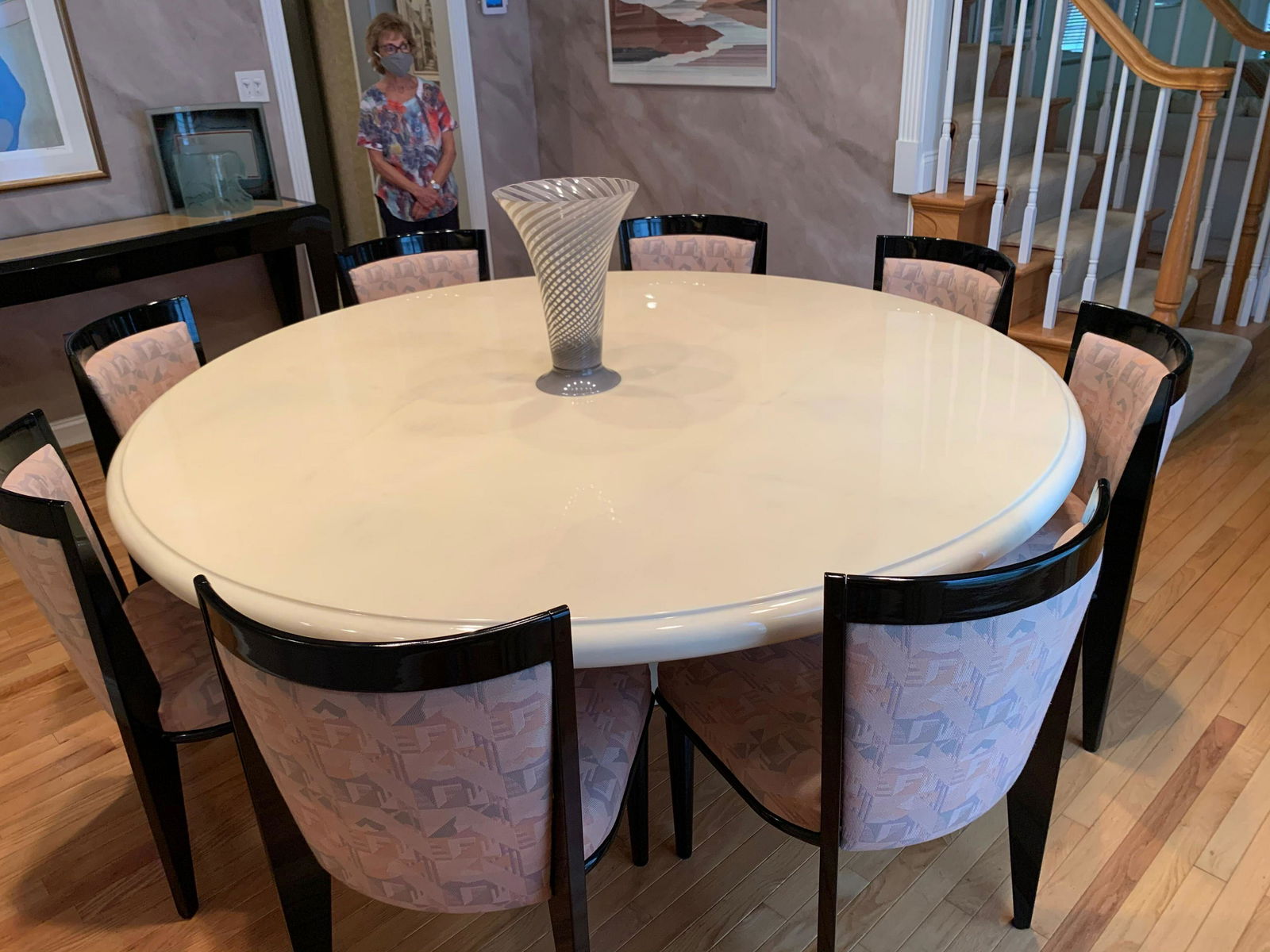 Large Karl Springer-style Dining Table: A large lacquered goatskin dining table in the manner of Karl Springer. Unmarked. Top diameter: 76in.