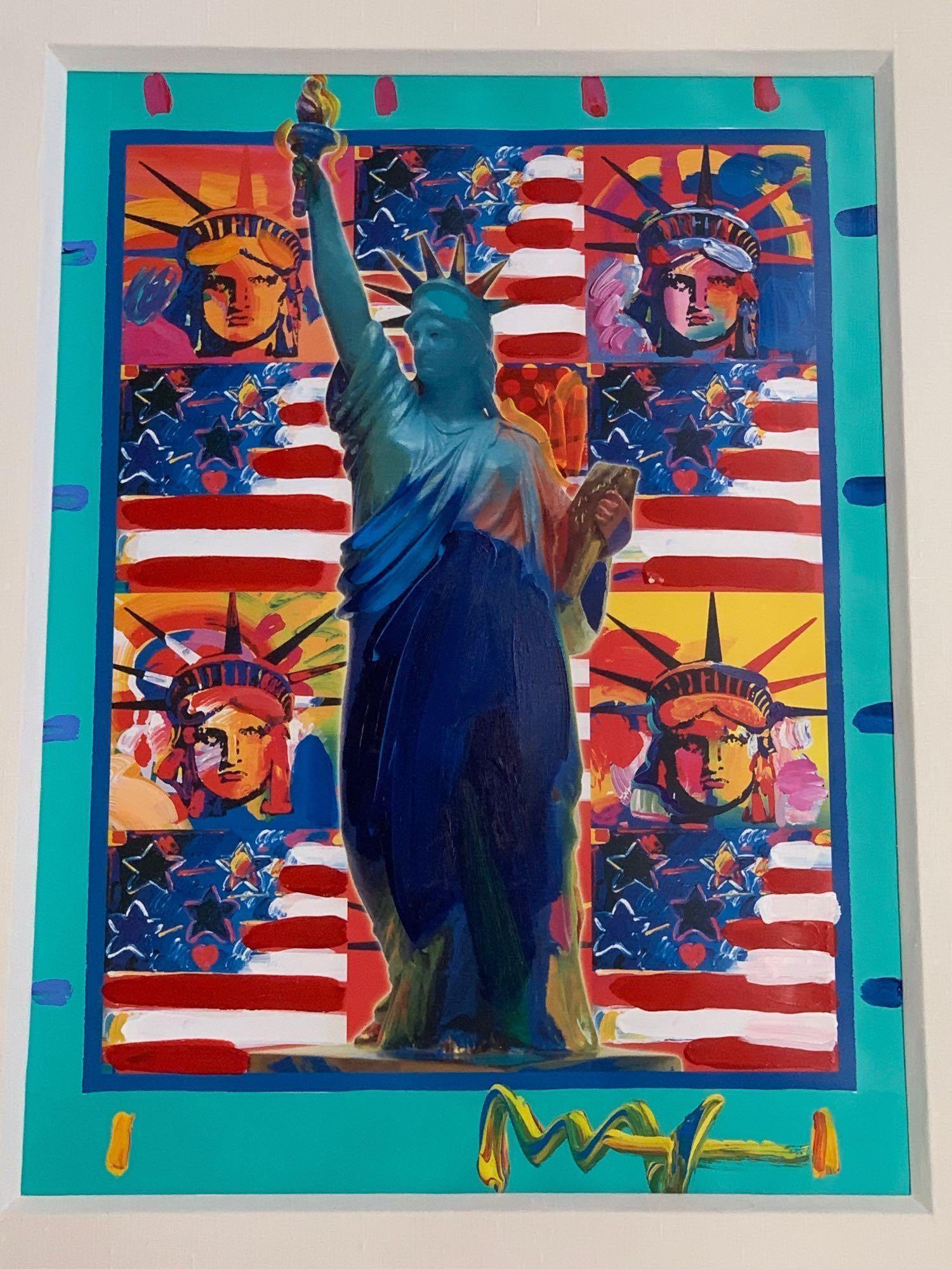 Peter Max. Mixed Media, God Bless America: Peter Max (American/German, 1937-). A mixed-media acrylic-embellished lithograph, "God Bless America" with five Lady Liberties. Signed lower right. In gilt frame with linen mat. Mat opening: 23-1/4in
