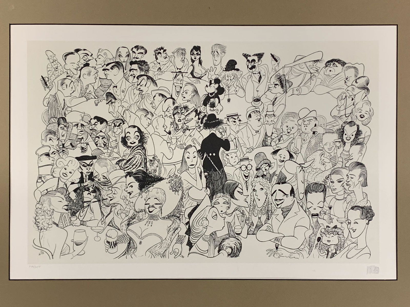 Al Hirschfeld. Signed Lithograph, Movie Land: An Al Hirschfeld lithograph, titled "Movie Land", a party scene with 75 famous actors, all identified verso. Signed in pencil and numbered 123/250. Margo Feiden Galleries receipt on back. Framed, but