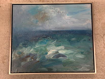 Mary Page Evans. Oil on Canvas, Perfect Storm 2: Mary Page Evans (American, 20th Century). An oil on canvas abstract seascape titled "Perfect Storm 2". Artist tag verso. Canvas: 25in x 30in.