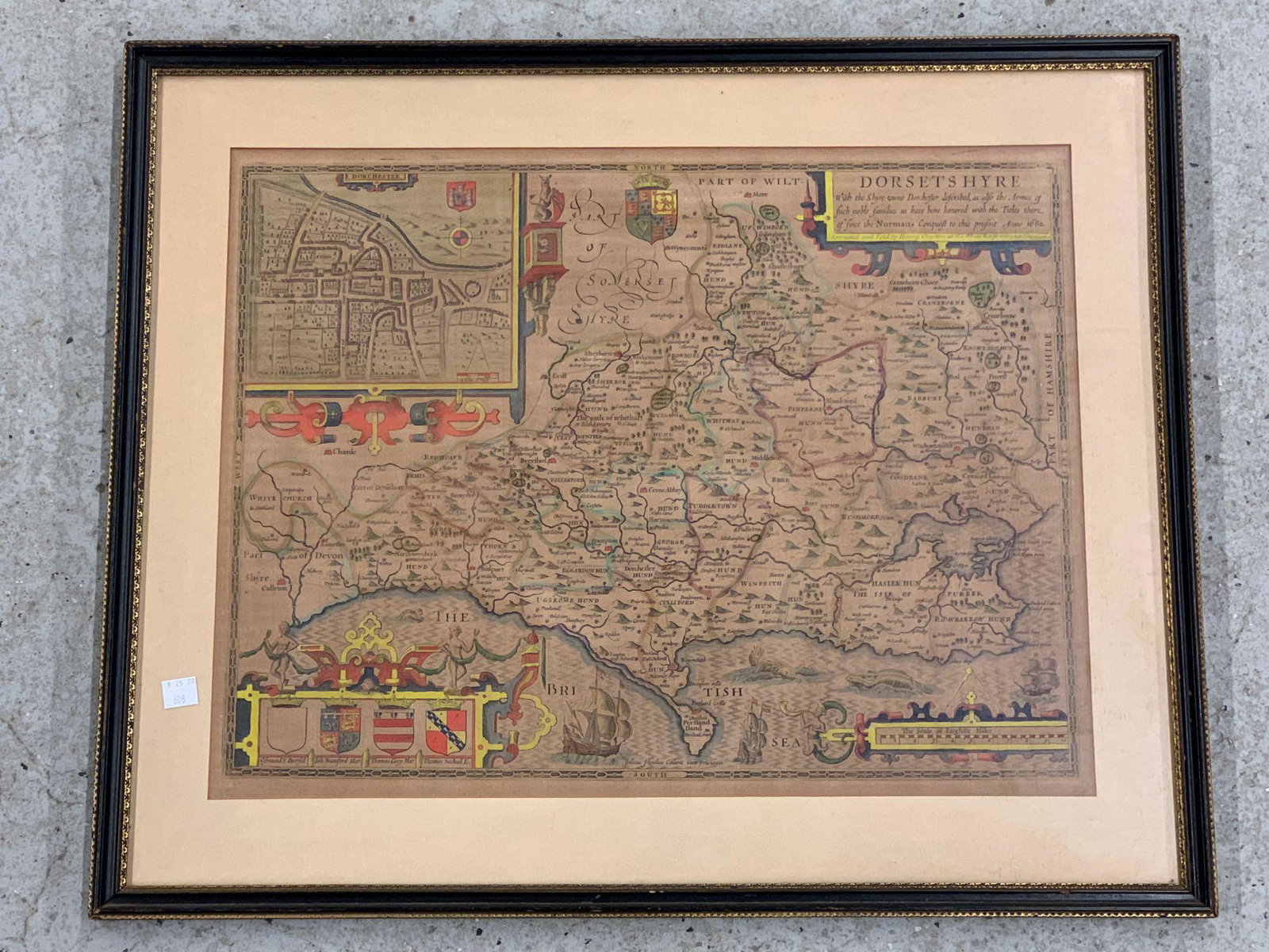 17th C. Hand-Colored Map of Dorsetshyre: A circa 1662 hand-colored British map of "Dorsetshyre" by John Speed (1551-1629) and engraved by Jodocus Hondius. Has an inset map of Dorchester upper left. Framed under glass. Mat opening: 15-1/2in x