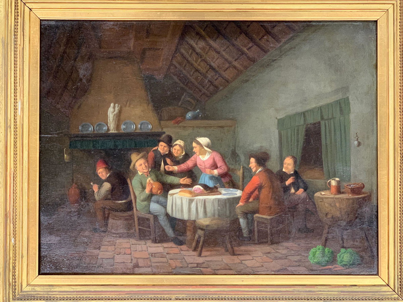 Charles Venneman. Oil on Panel, Tavern Scene: Charles Venmeman (Belgian, 1802-1875). An oil on cradled panel depicting an interior tavern genre scene. Signed lower left "Ch. Venmeman", and in a deep gilt and gesso frame. Panel: 15in x 19-1/2in. O