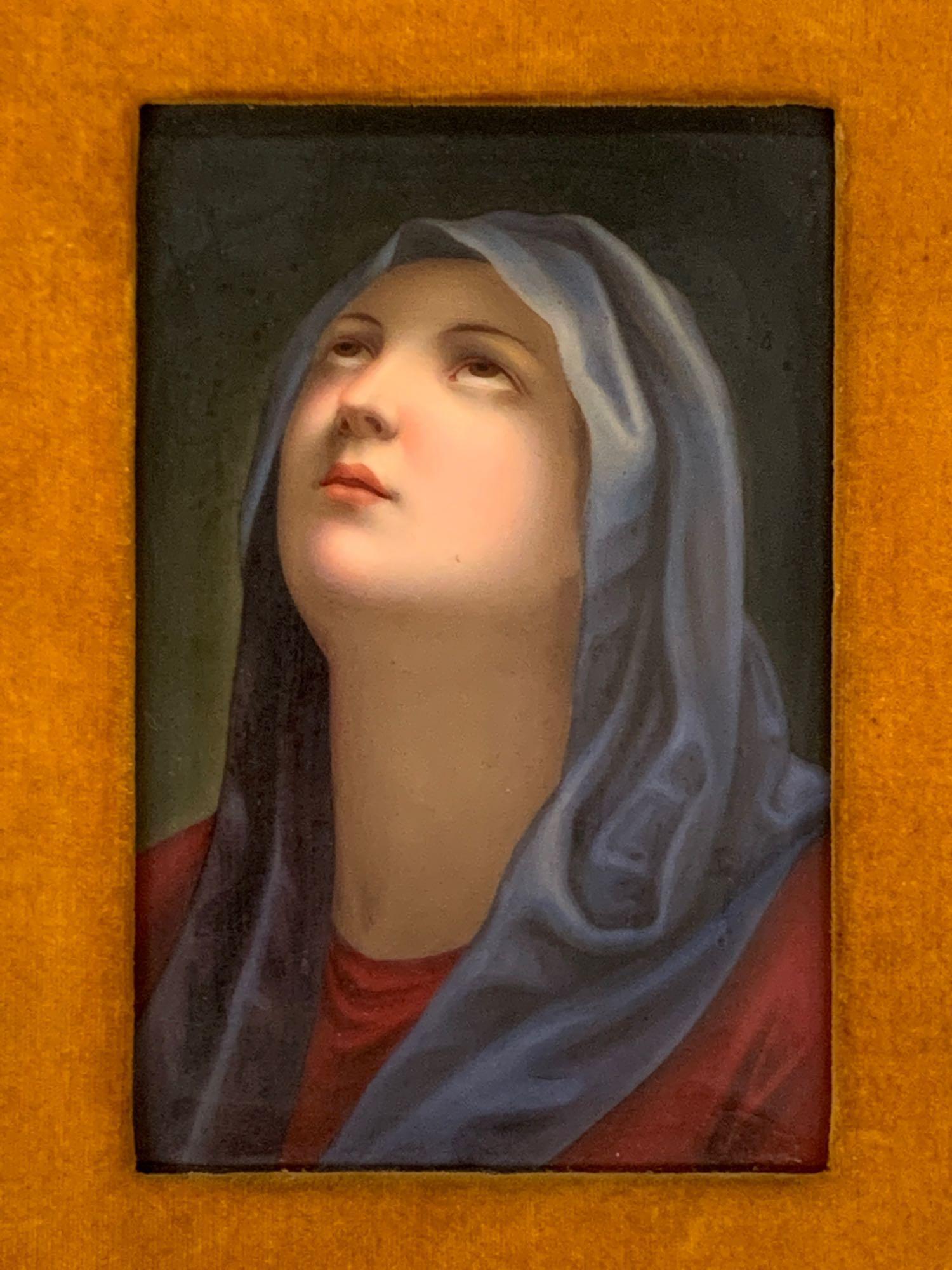 After Guido Reni, Hand-Painted Porcelain Plaque: An oil on porcelain panel after Guido Reni (Italian, 1575-1642), titled "Mater Doloresa". Marked verso. In a gilt frame. Panel: 6-1/8in x 4-1/8in. Outside frame: 12-3/4in x 10-3/4in.