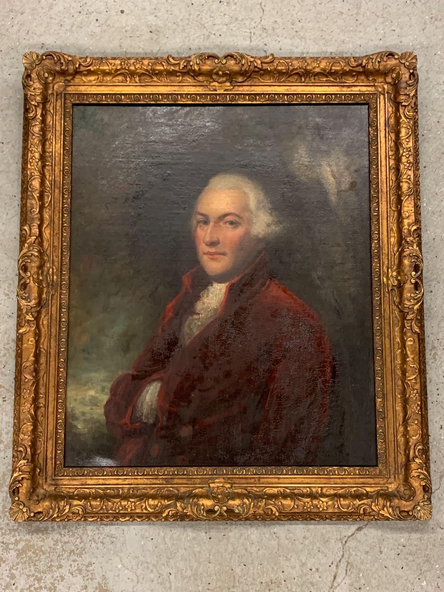 Attrib. Sir William Beechey. Oil/Canvas, Portrait: Sir William Beechey (British, 1753-1839). An attributed oil on canvas portrait of a gentleman. Unsigned. Paper label on verso of stretcher. In gilt frame. Canvas: 30-1/2in x 25-1/2in.