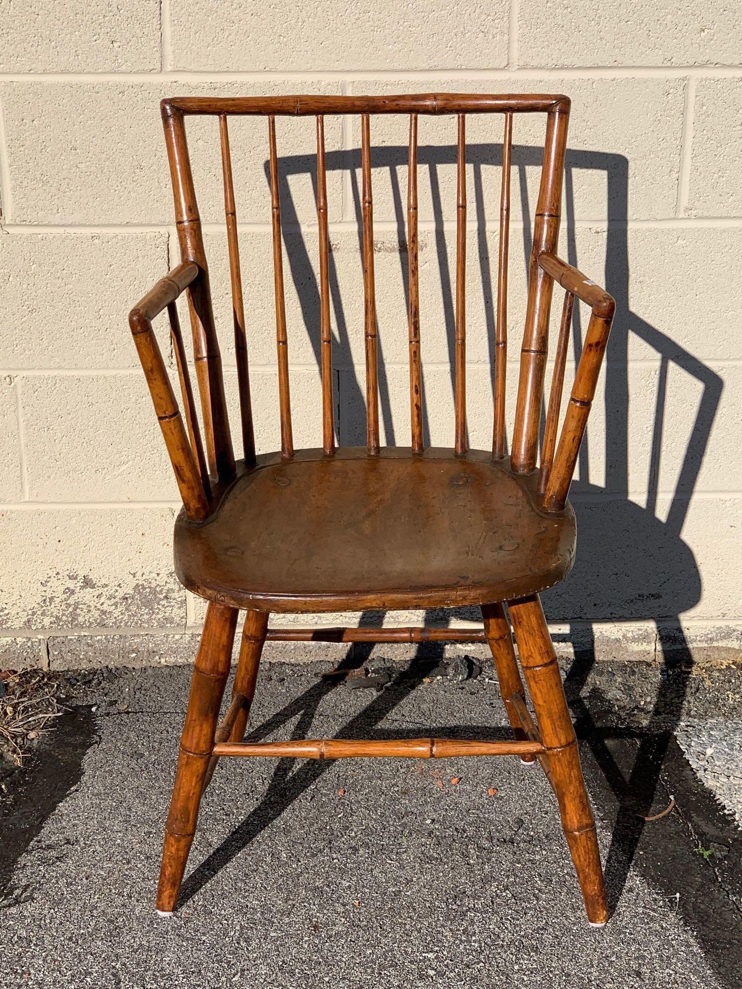19th C. Bamboo-Turned Windsor Armchair: A 19th C. bamboo-turned Windsor armchair with stretcher base. 35in tall x 21-1/4in wide x 15-3/4in deep.