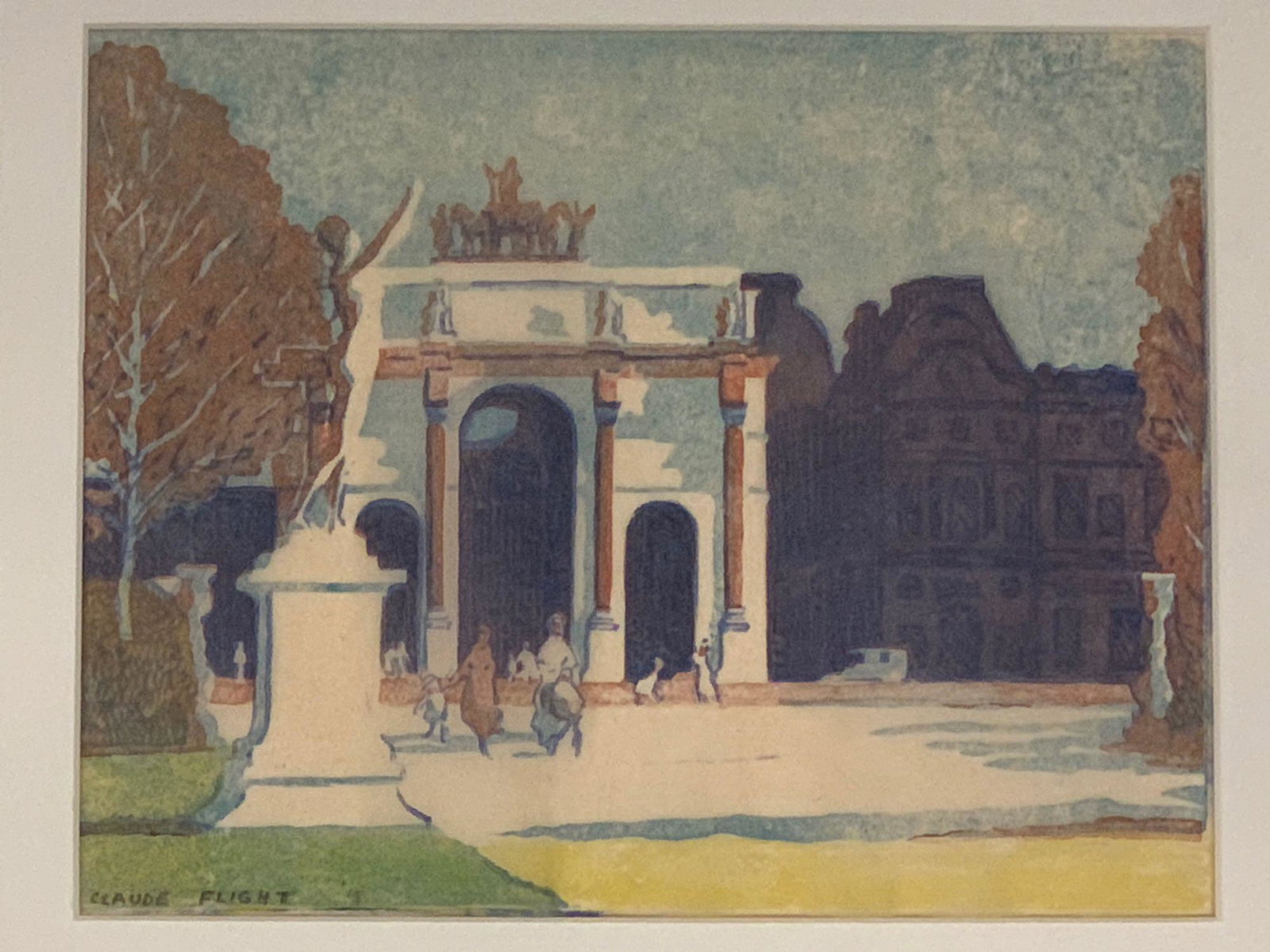 Claude Flight. Linocut, Tuileries Gardens: Claude Flight (British 1881-1925). A linocut in four colors depicting Tuileries Gardens - The Louvre from the Tuileries Gardens, Paris. Signed in pencil. William Weston Gallery tag verso. Framed under