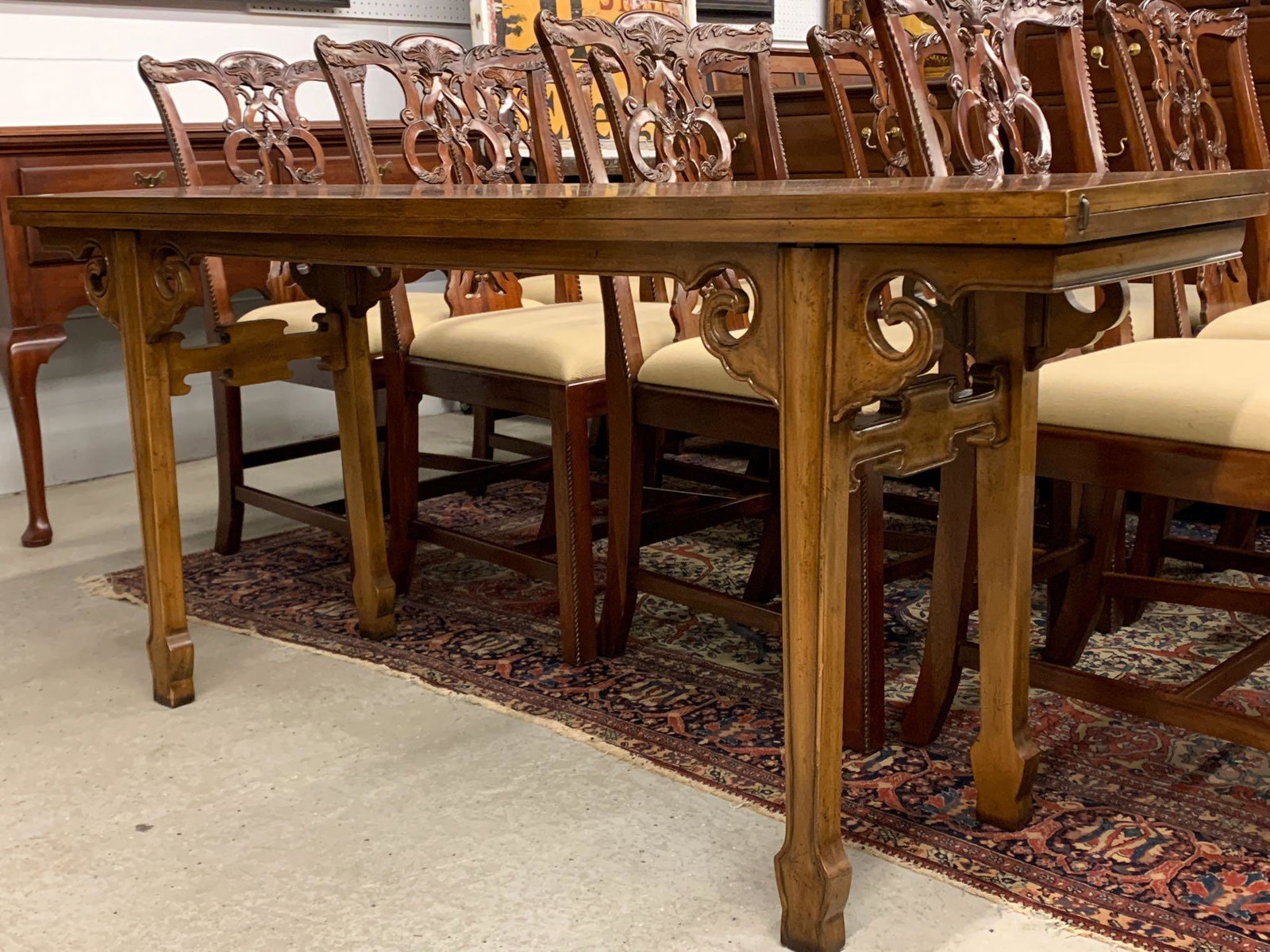 Baker Asian-Style Flip-Top Console Table: A Baker Asian-style flip-top console/dining table. Metal tag. As console: 29in tall x 66in wide x 16in deep.