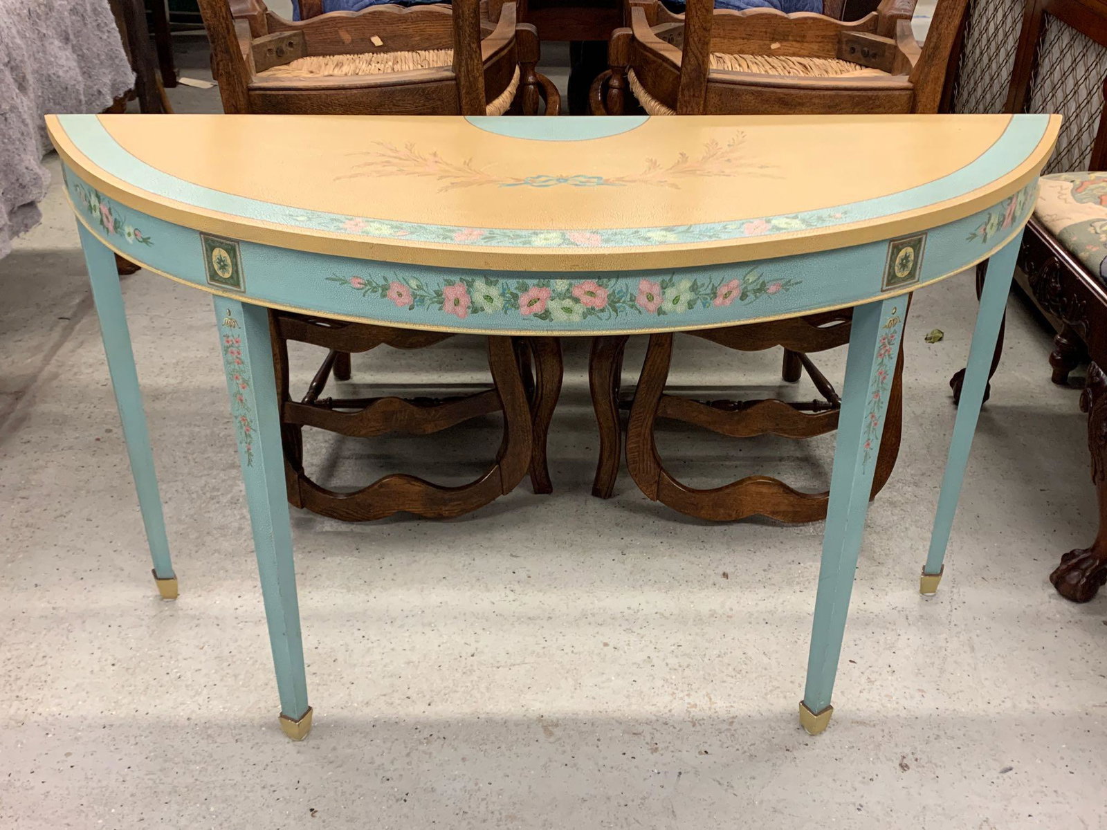 Maitland Smith Hand-Painted Console Table: A Maitland Smith hand-painted Adams-style console table. Marked on back. 29-1/2in tall x 50in wide x 17in deep.