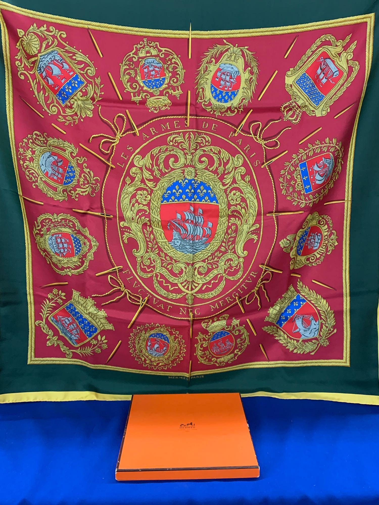 Hermes Les Armes De Paris Silk Scarf: A Hermes, Paris "Les Armes De Paris" silk scarf with nautical theme and original box. Scarf: 35in x 35in.