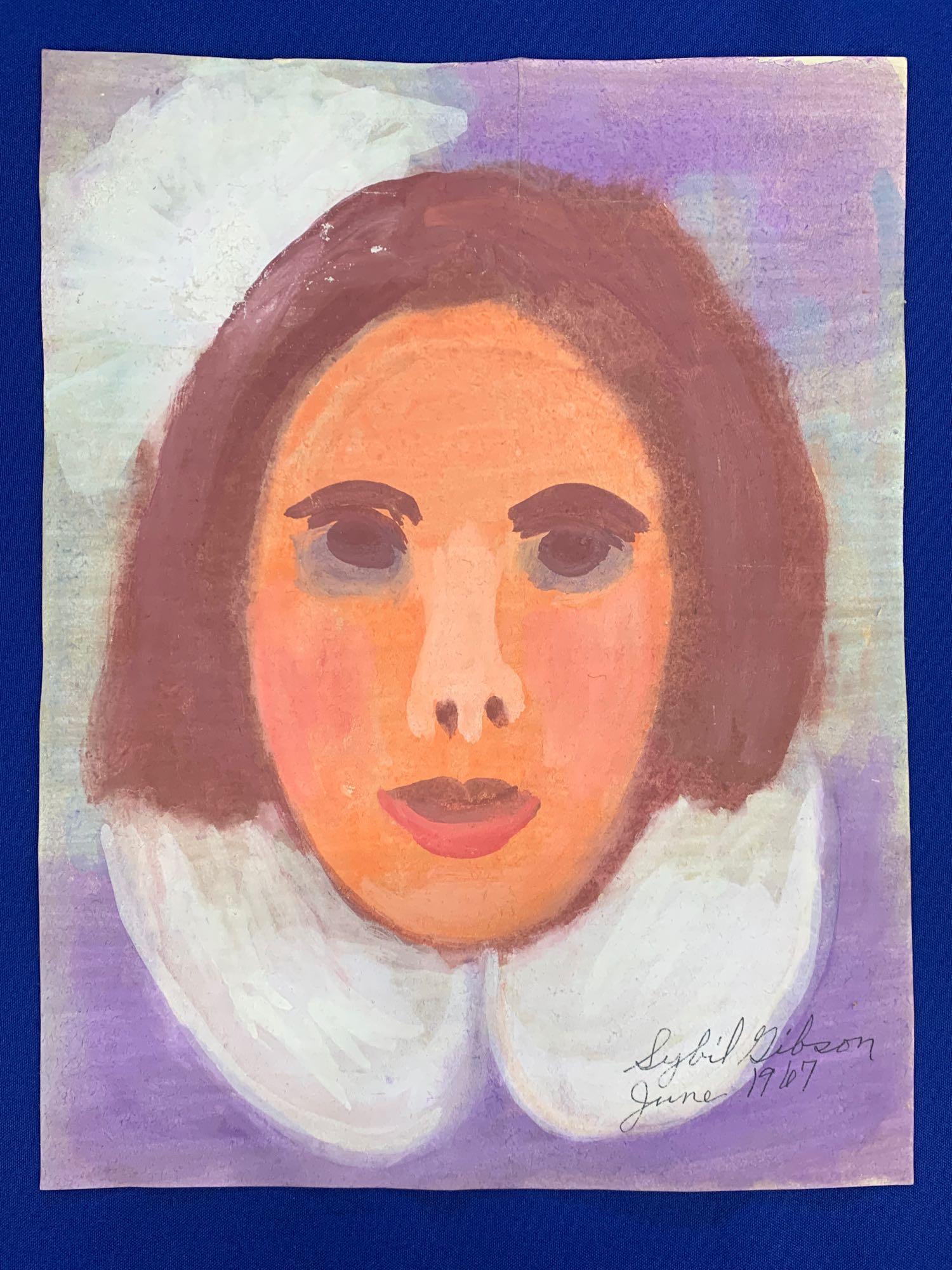 Sybil Gibson. Gouache on Paper, Portrait: Sybil Gibson (Alabama, 1908-1995). A gouache on paper portrait of a woman. Signed lower right "Sybil Gibson, June 1967". Whimsical quote verso: "It Was a Long Story So I Won't Tell It Now". 10-1/2 x 1