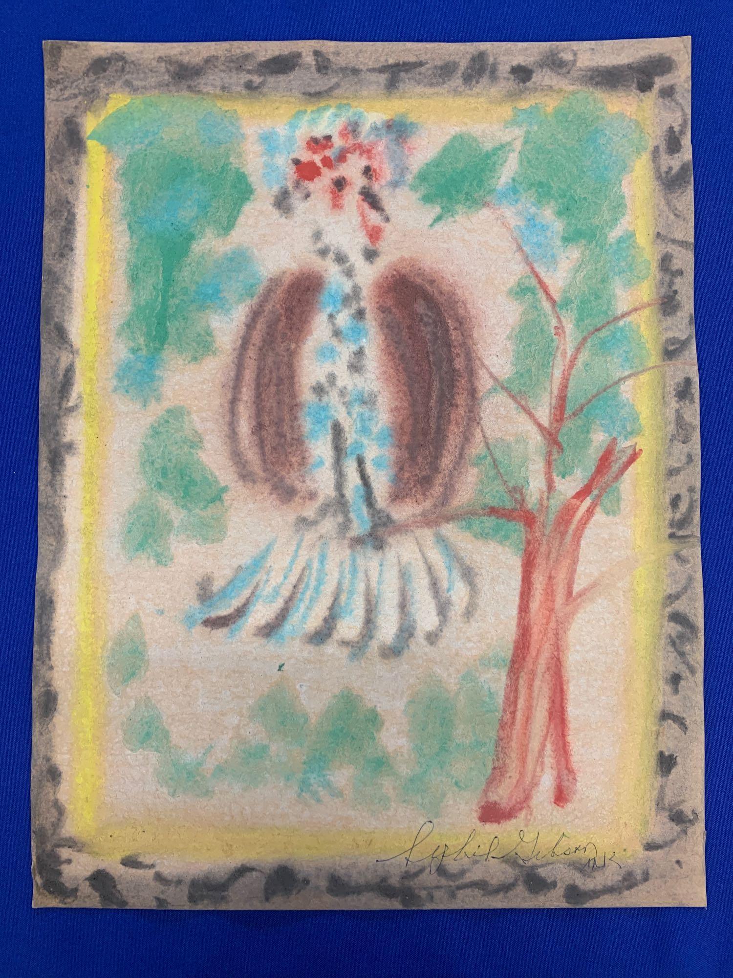 Sybil Gibson. Mixed-Media, Bird in Plumage: Sybil Gibson (Alabama, 1908-1995). A mixed -media on card-stock paper of a colorful bird sitting on a branch. Signed lower right. 12-1/4 x 16in.