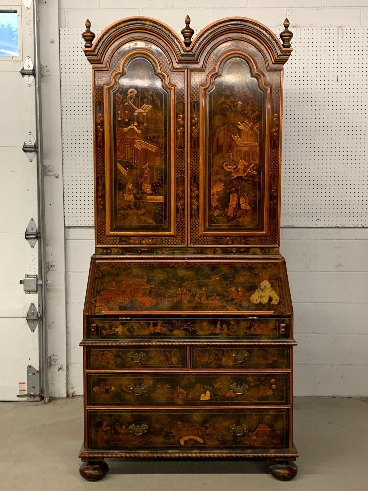 Maitland Smith Chinoiserie Secretary Desk: A Maitland Smith two-piece Queen Anne-style bonnet top secretary desk with a chinoiserie design and fully fitted interior. 86 in tall x 40-1/2 in wide x 25 in deep.