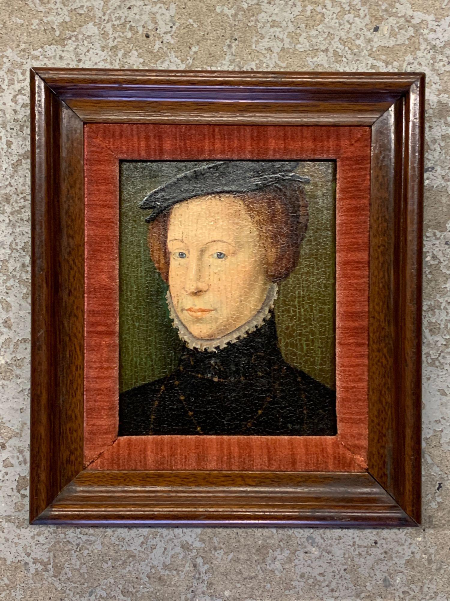 School of de Lyon. Oil on Panel, Portrait: A 19th C. oil on panel bust-length portrait of a lady wearing a hat, in the style of Corneille de Lyon. Panel: 6-1/8 in x 5 in. Provenance: From the Estate of Dr. Wayne Craven, Delaware.