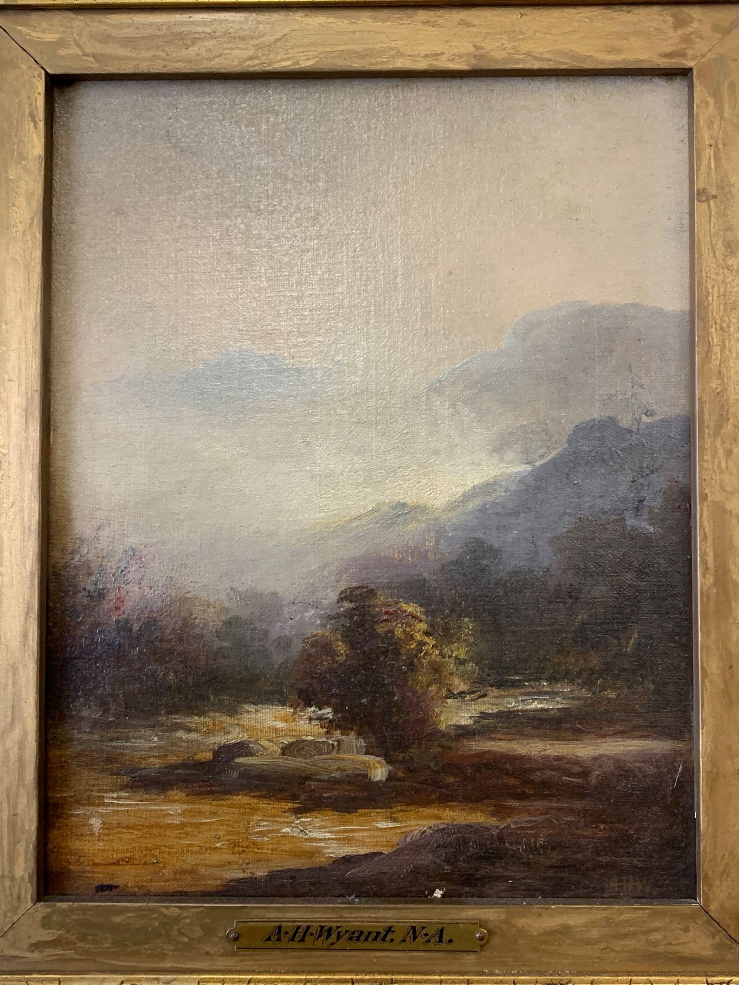 Alexander Wyant. Oil on Canvas, Landscape: Alexander Helwig Wyant (American, 1836-1892). An oil on canvas, initialed lower right AHW and dated 67. Framed with artist identification tag. Canvas: 10 in x 8-1/4 in.