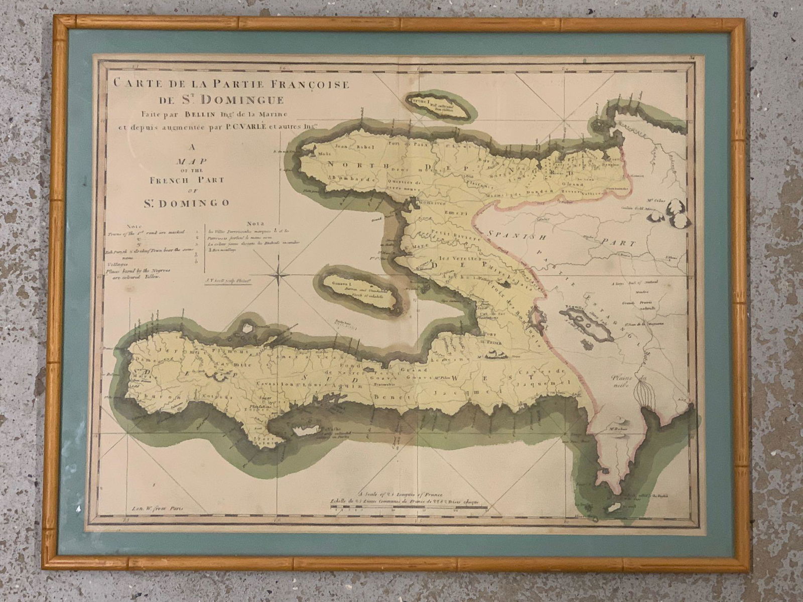18th C. Hand-colored Engraved Map, Haiti: An 18th century hand colored engraved map of what is now Haiti, titled " Carte De La Partie Francoise De St. Domingue", showing the area burned in the slave revolt of 1791. Engraved by Philadelphian J