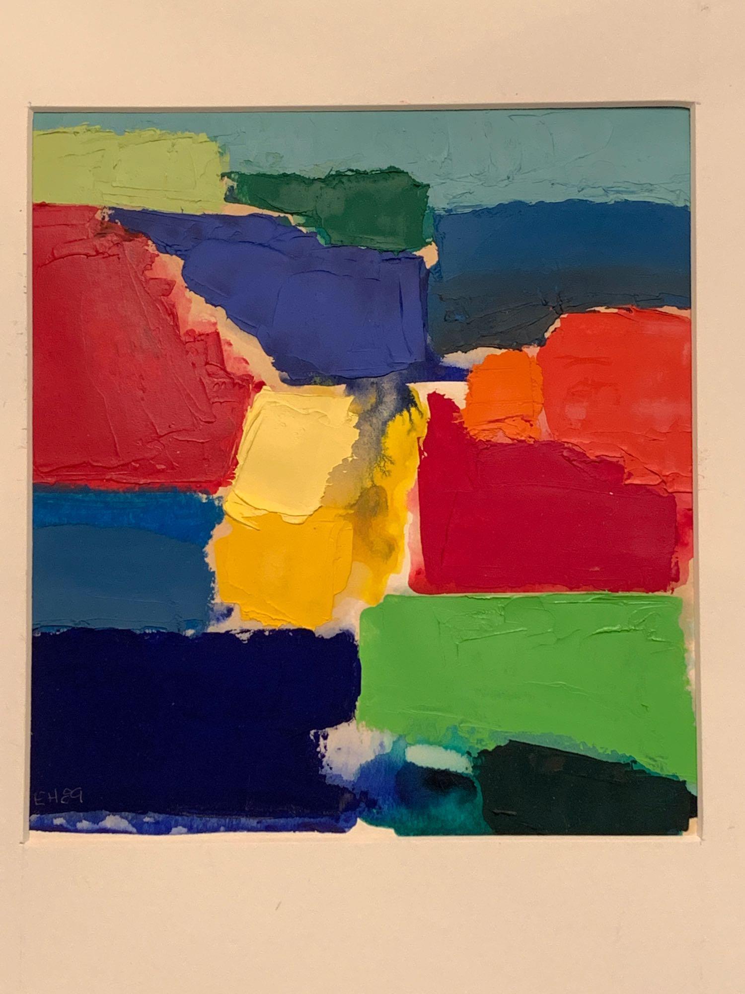 Eugene Healy. Two Mixed Media Abstracts: Eugene Healy (American, 1948-). Two oil, crayon, and watercolor on paper abstracts. Initialed and dated '89 lower left. Unframed but matted. Mat opening measures 7-3/4 in x 7-1/8 in and 7 in x 8 in.