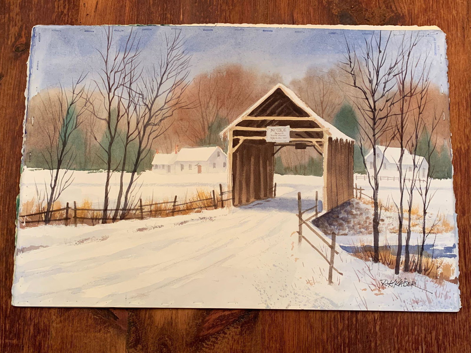 Four R.K. Kaiser Watercolor Landscapes: R.K. Kaiser (American, Contemporary). Four watercolor landscapes. Titled Covered Bridge in Snow, Untitled (Barn in Snow), Grice Maine, and 4 Friends. All signed. Unframed. Sheets measure 15 in x 22-1/