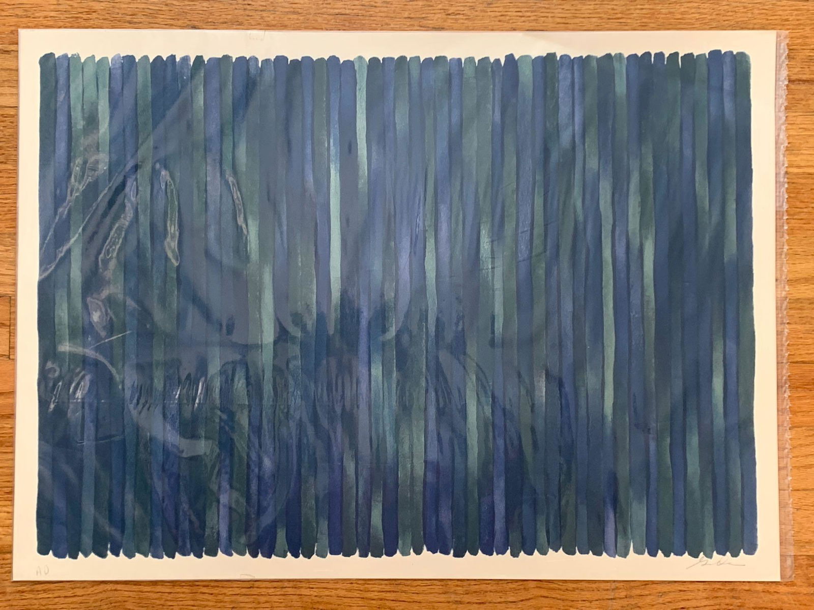 Gene Davis. Abstract Lithograph: Gene Davis (American, 1925-1985). An abstract lithograph with blue and green vertical bands. Signed in pencil lower right. Artist proof. Unframed. Sheet measures 19-1/2 in x 27 in.