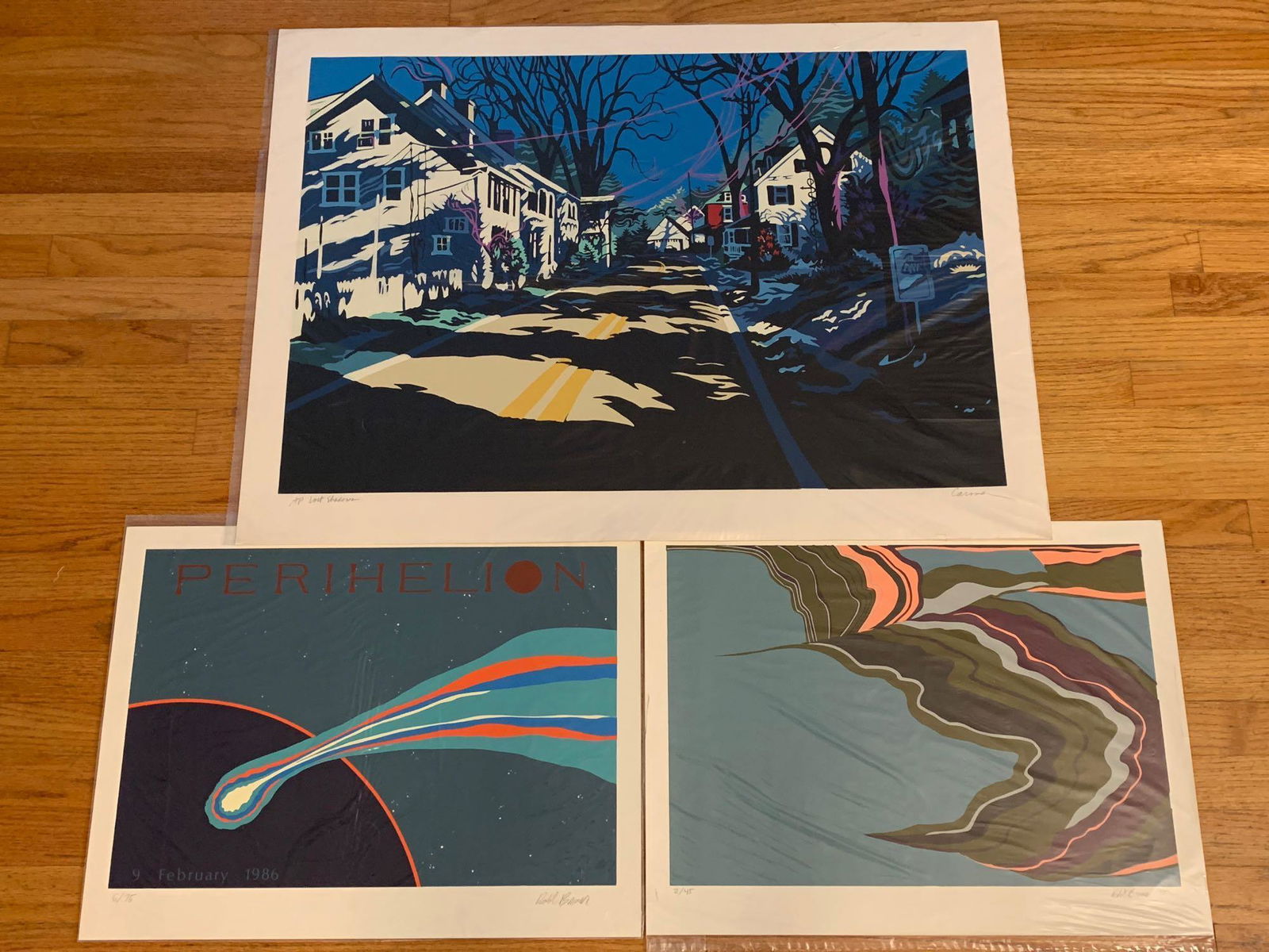 Robert Brown and Jon Carsman. Three Silkscreens: Three silkscreen prints to include a landscape by Jon Carsman titled Lost Shadows and two Robert Brown silkscreens. All signed. Unframed. Largest sheet measures 27-1/2 in x 36-1/2 in.