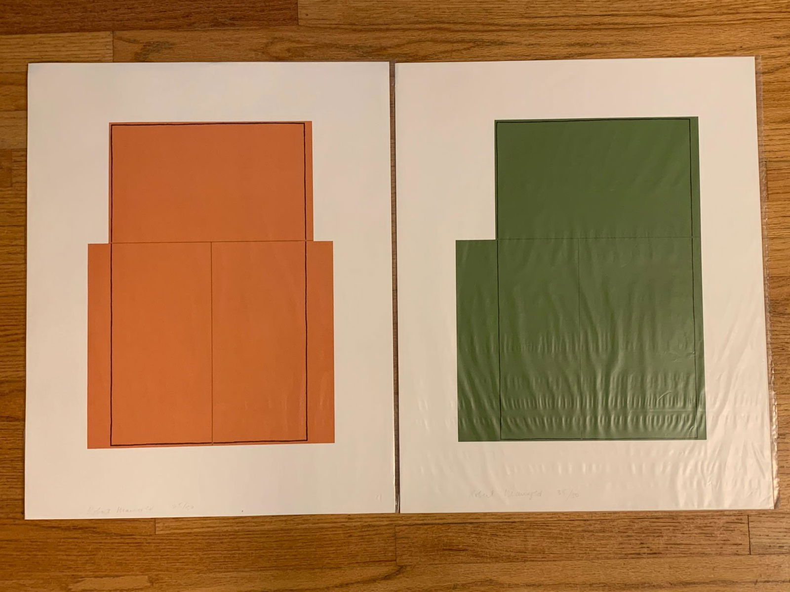 Robert Mangold. Two Silkscreen Prints: Robert Mangold (American, 1937-). Two color silkscreen prints titled 3 Green Rectangles and 3 Orange Rectangles. Both signed and numbered. Unframed. Sheets measure 26-1/4 in x 21 in.