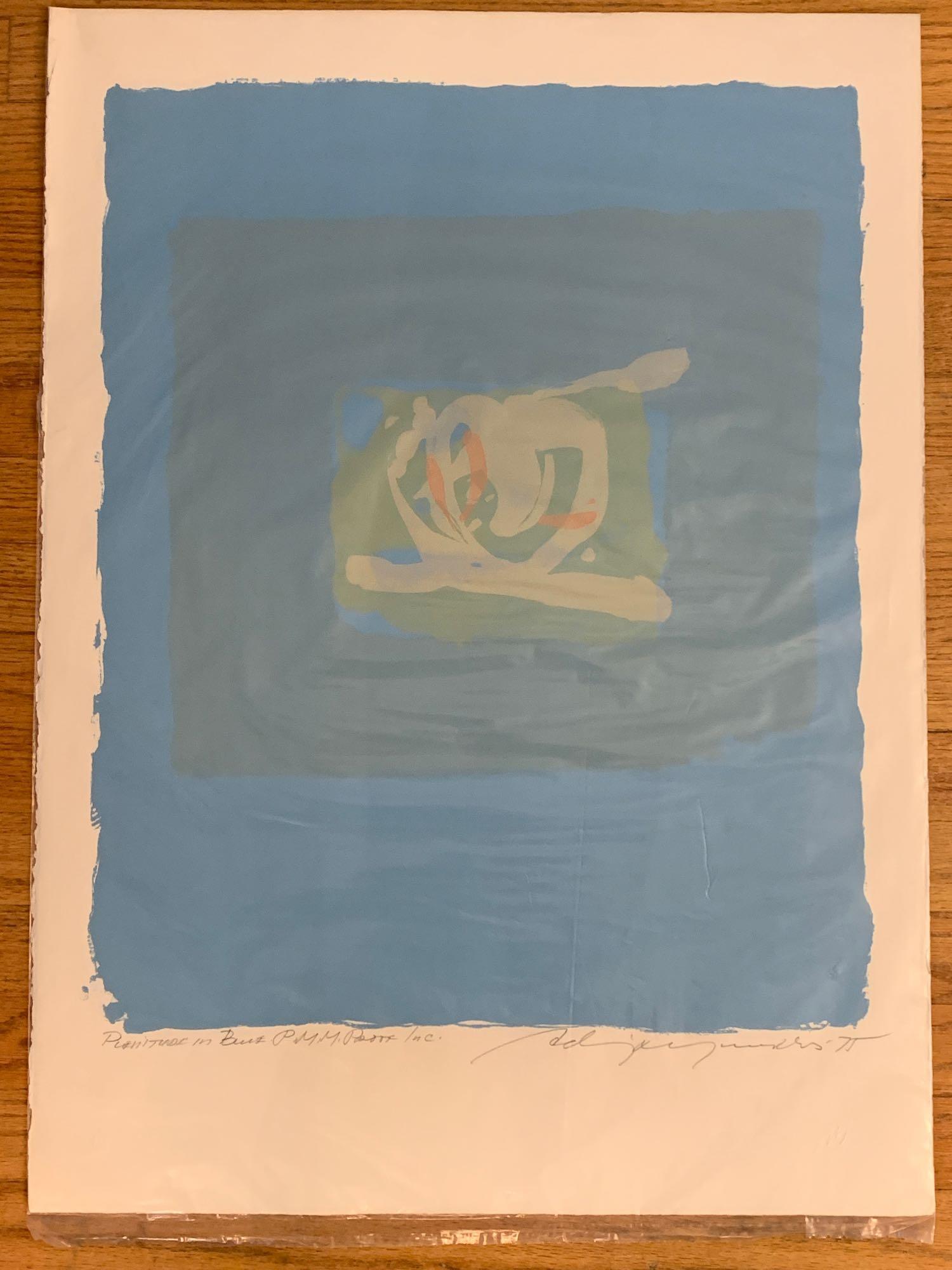 Adja Yunkers Lithograph. Pelitude in Blue: Adja Yunkers (American, 1900-1983). A color lithograph titled Pelitude in Blue. Signed and titled in pencil. Unframed. Sheet measures 30 in x 22 in.