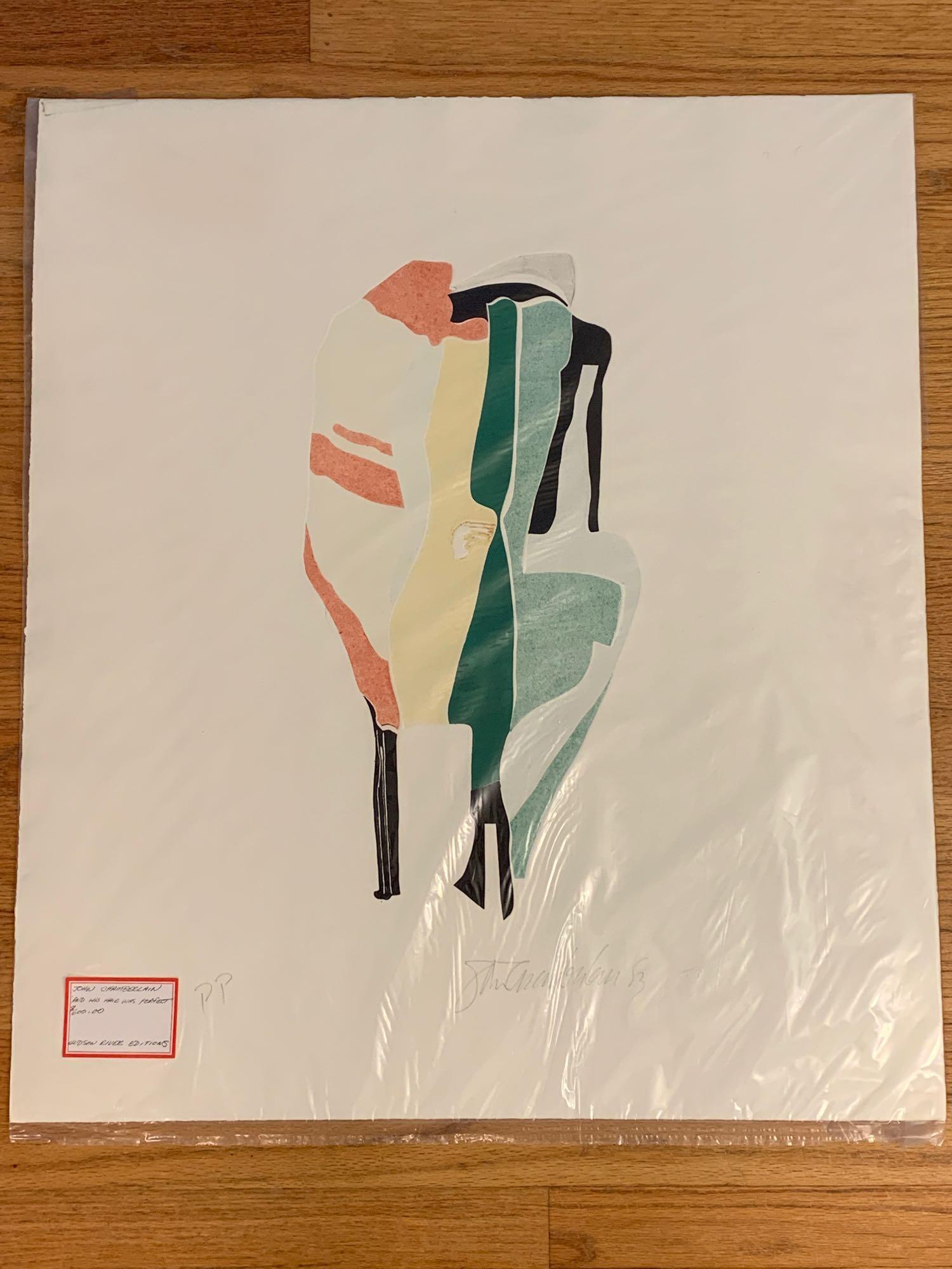 J. Chamberlain Intaglio. And His Hair Was Perfect: John Chamberlain (American, 1927-2011). An intaglio with color embossing titled And His Hair Was Perfect. Signed in pencil, dated '83 and numbered PP. Hudson River Edition. Unframed. Sheet measures 30