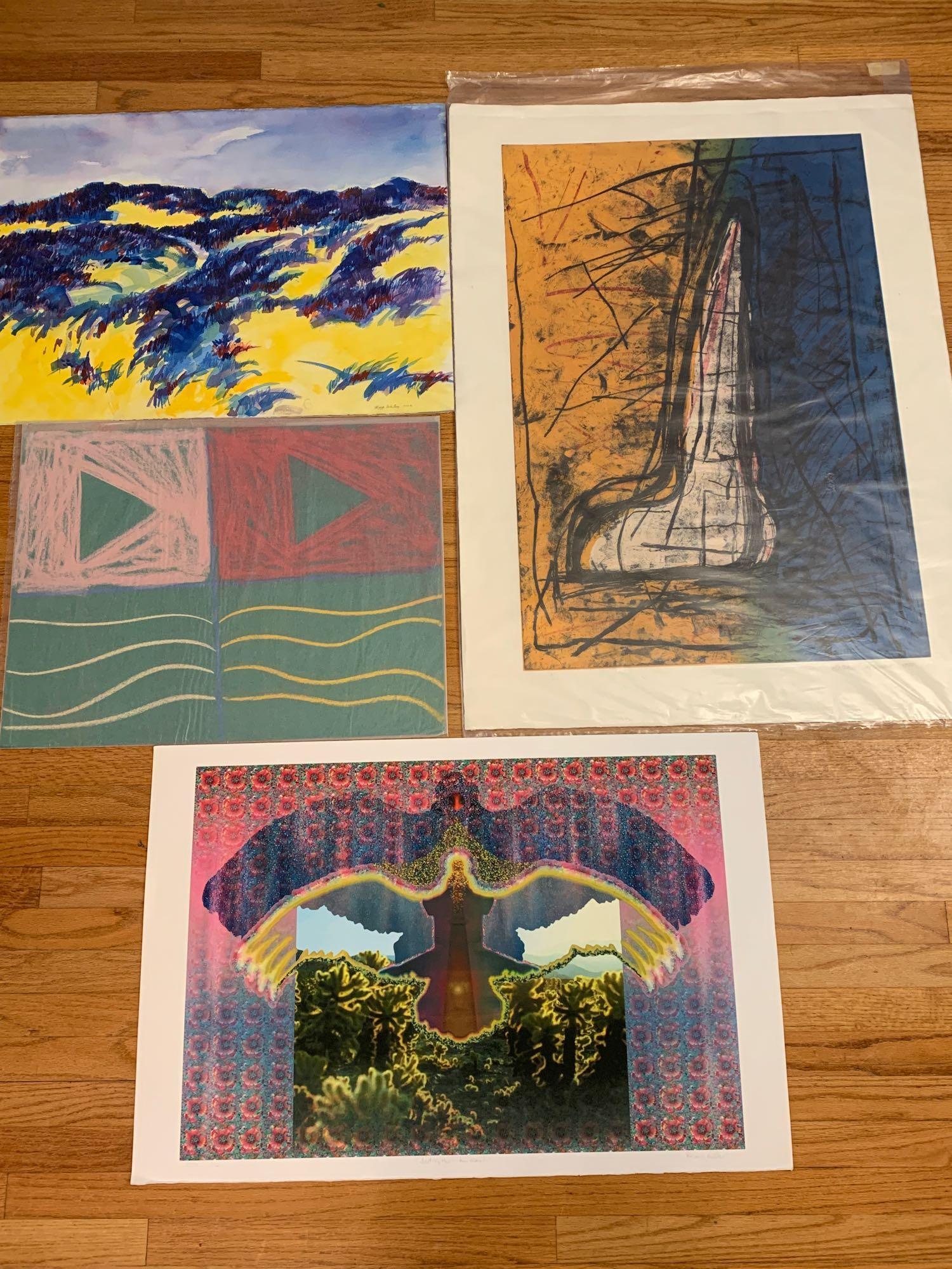 Four Abstract Artworks: A grouping of four abstract artworks to include Lester Rapaport, Peggy Whitney, etc. All unframed. Largest sheet measures 42 in x 31 in.