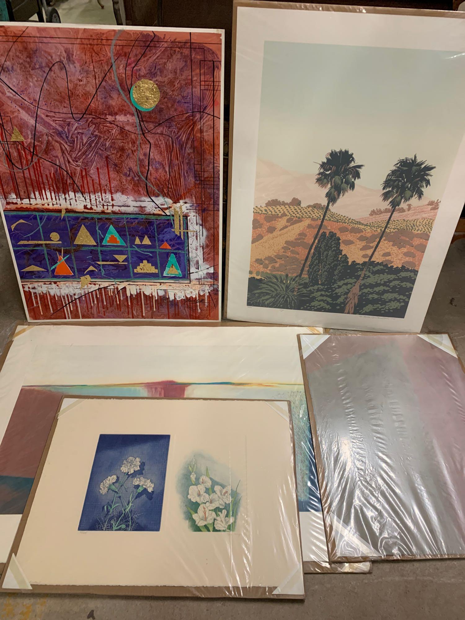 Five Contemporary Artworks: A grouping of five contemporary artworks to include Tony Canger, Carol Hamoy, Martha Jane Bradford, Yale Epstein, and the mixed media work signed illegibly lower right. All unframed. Largest sheet mea