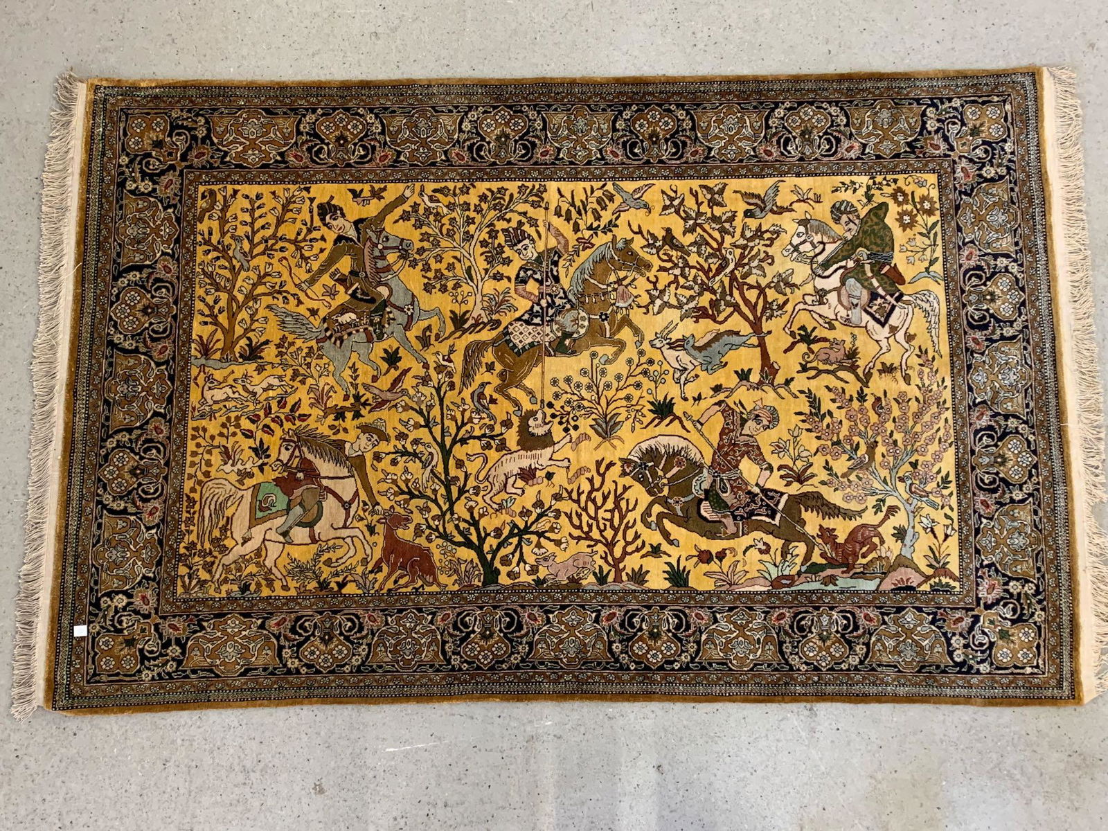 Persian Goum Hunt Scene Carpet, 5ft 5in x 3ft 6in (1 of 5)